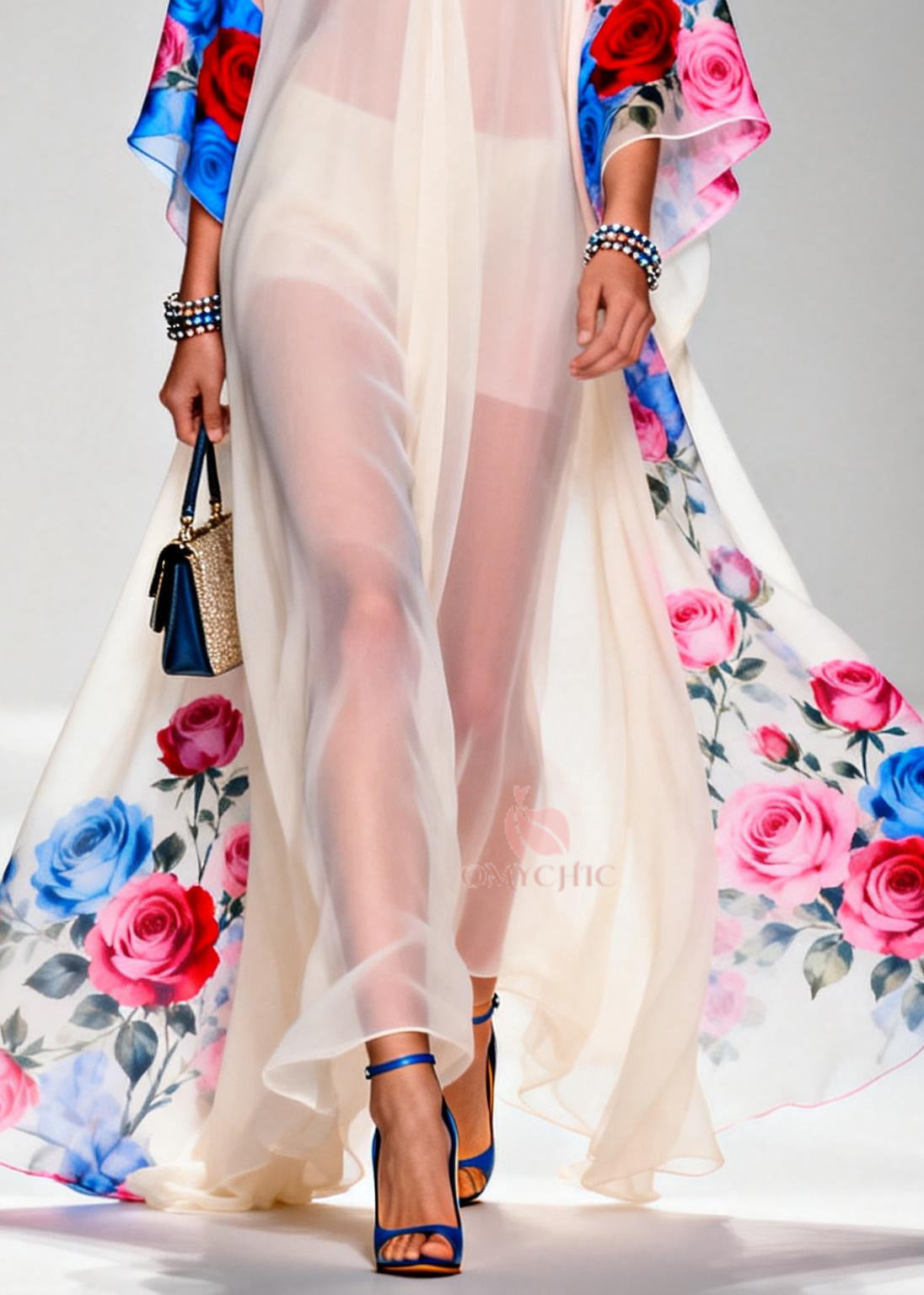 Elegant White Oversized Print Sheer Chiffon Maxi Dresses Summer - View 4