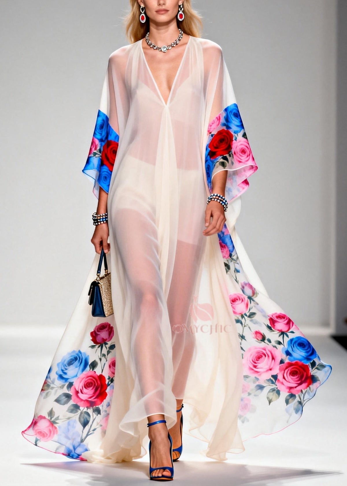 Elegant White Oversized Print Sheer Chiffon Maxi Dresses Summer - View 5
