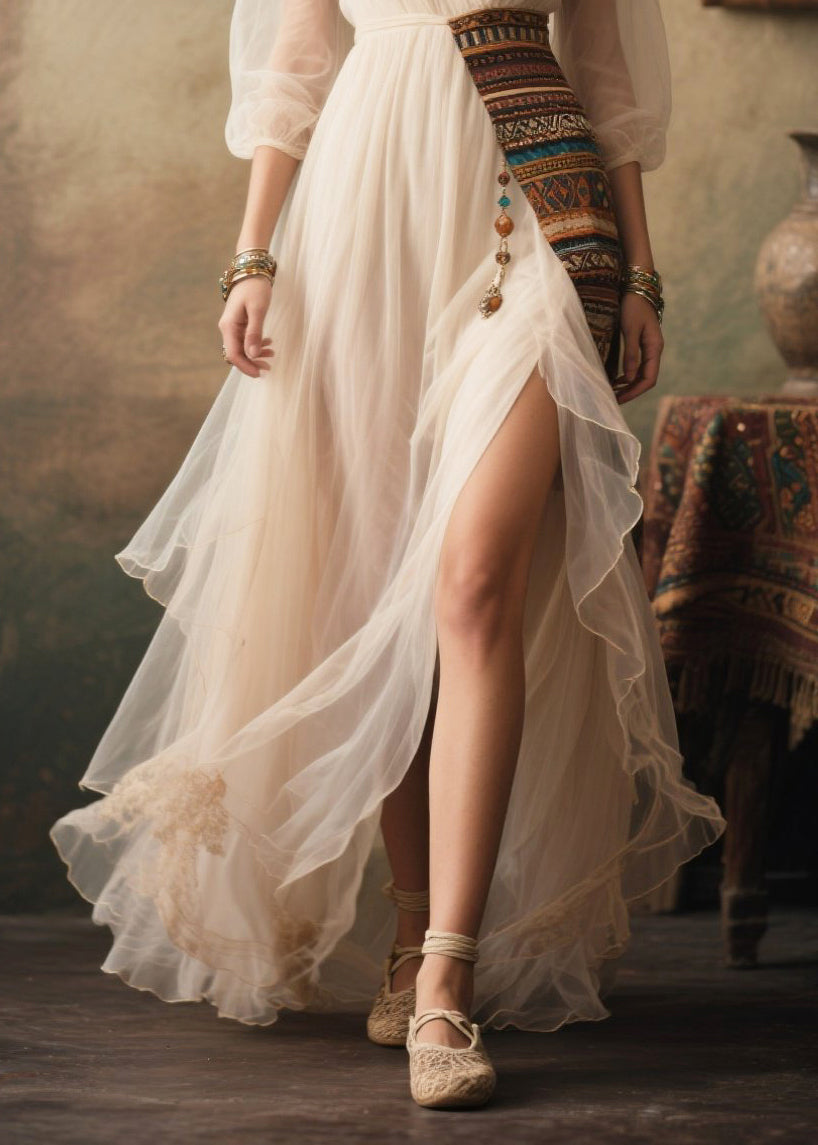 Tulle Deep V-Neck Wrap Bishop Sleeve Embroidered Sash Maxi Dress - View 4