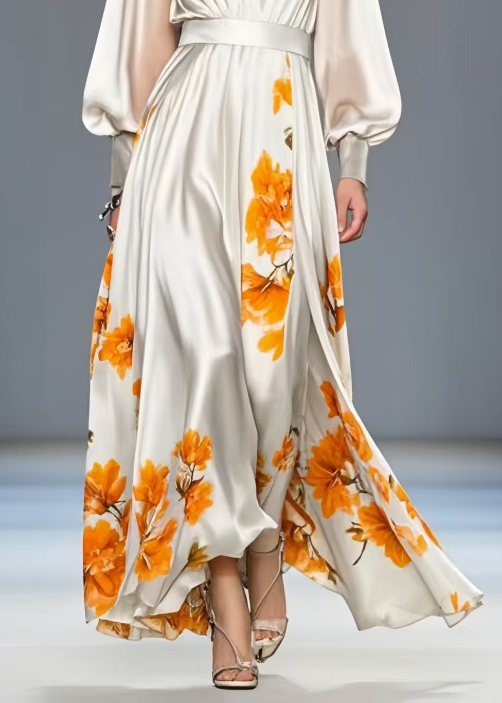 Floral Print Deep V-Neck Balloon Sleeve Cinched Waist Maxi Gown - View 4