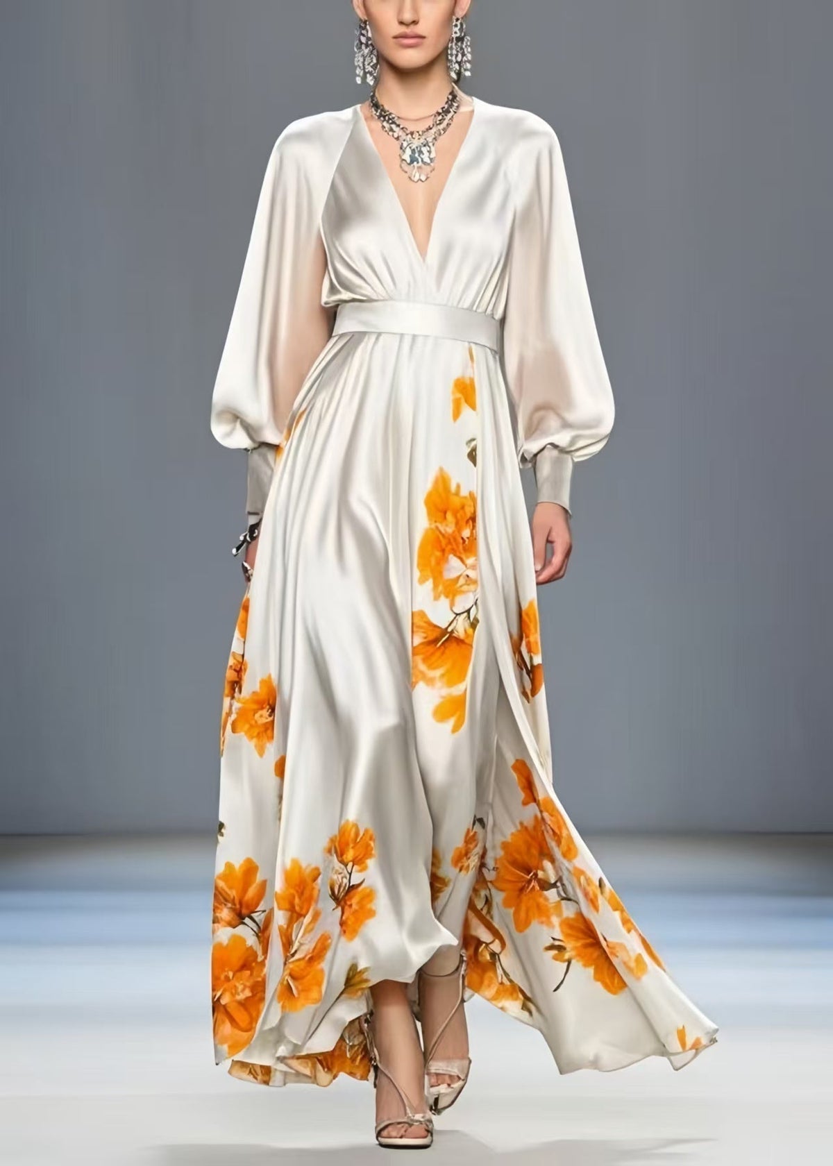 Floral Print Deep V-Neck Balloon Sleeve Cinched Waist Maxi Gown - View 5