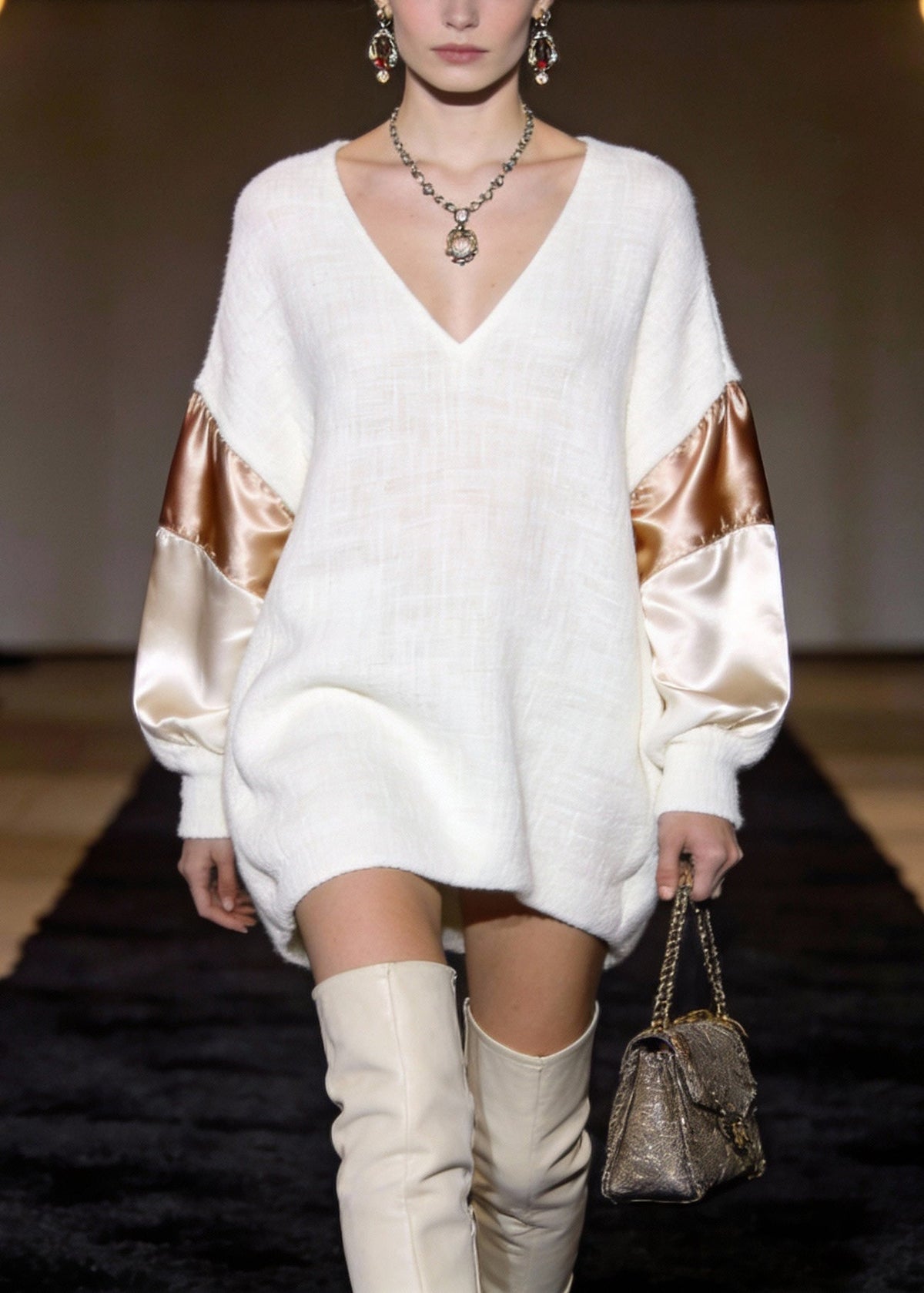 V-Neck Knit Puff Sleeve Satin Panel Oversized Mini Dress - View 3