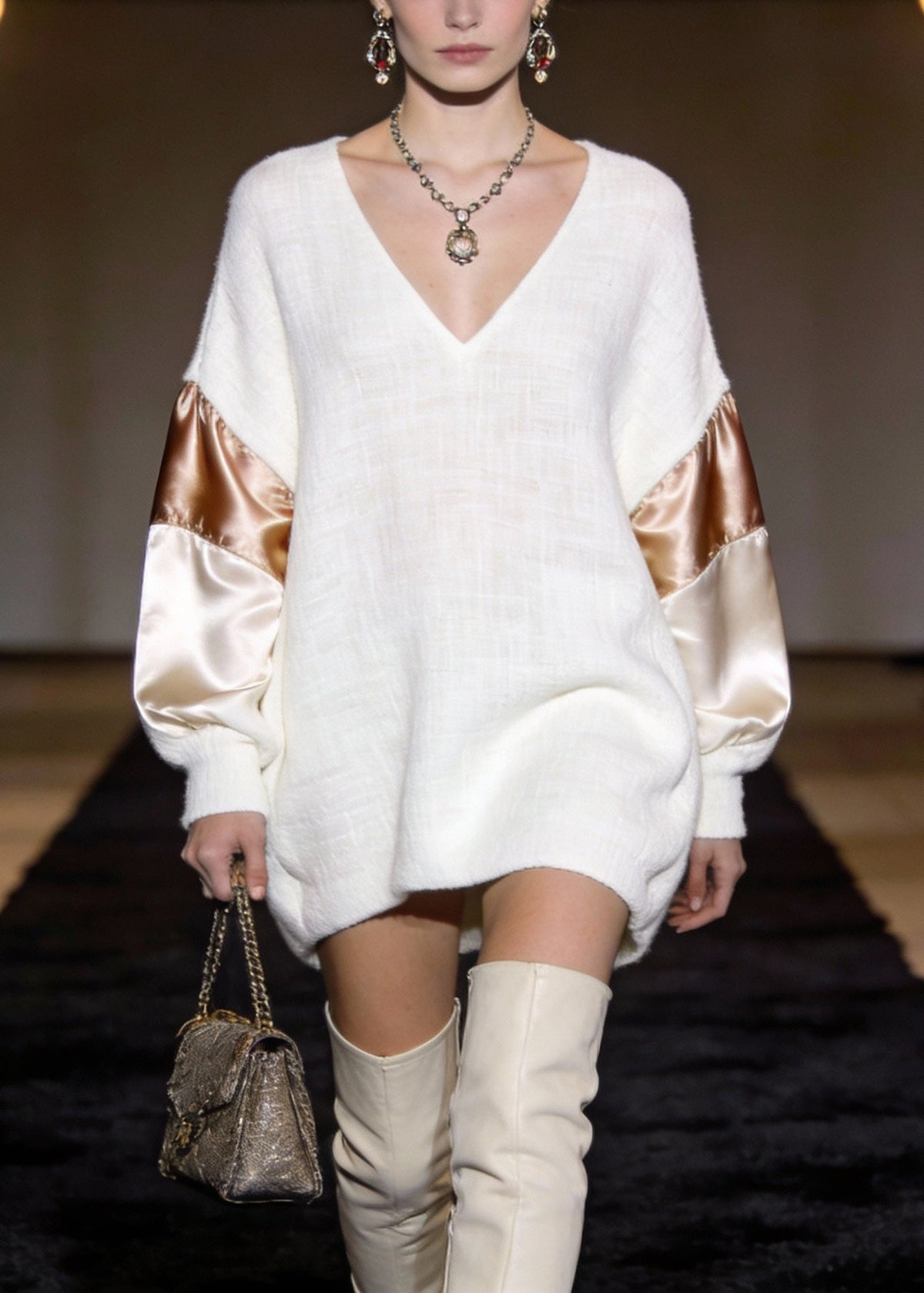 V-Neck Knit Puff Sleeve Satin Panel Oversized Mini Dress - View 5