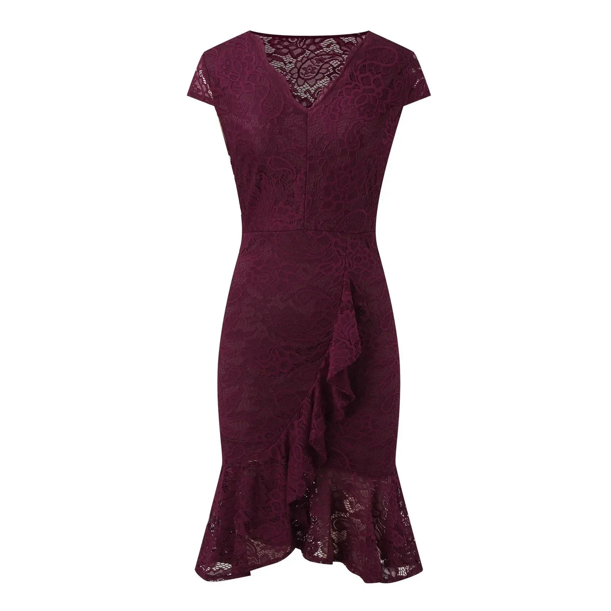 Floral Lace V-Neck Cap Sleeve Ruffle Bodycon Midi Dress - View 5