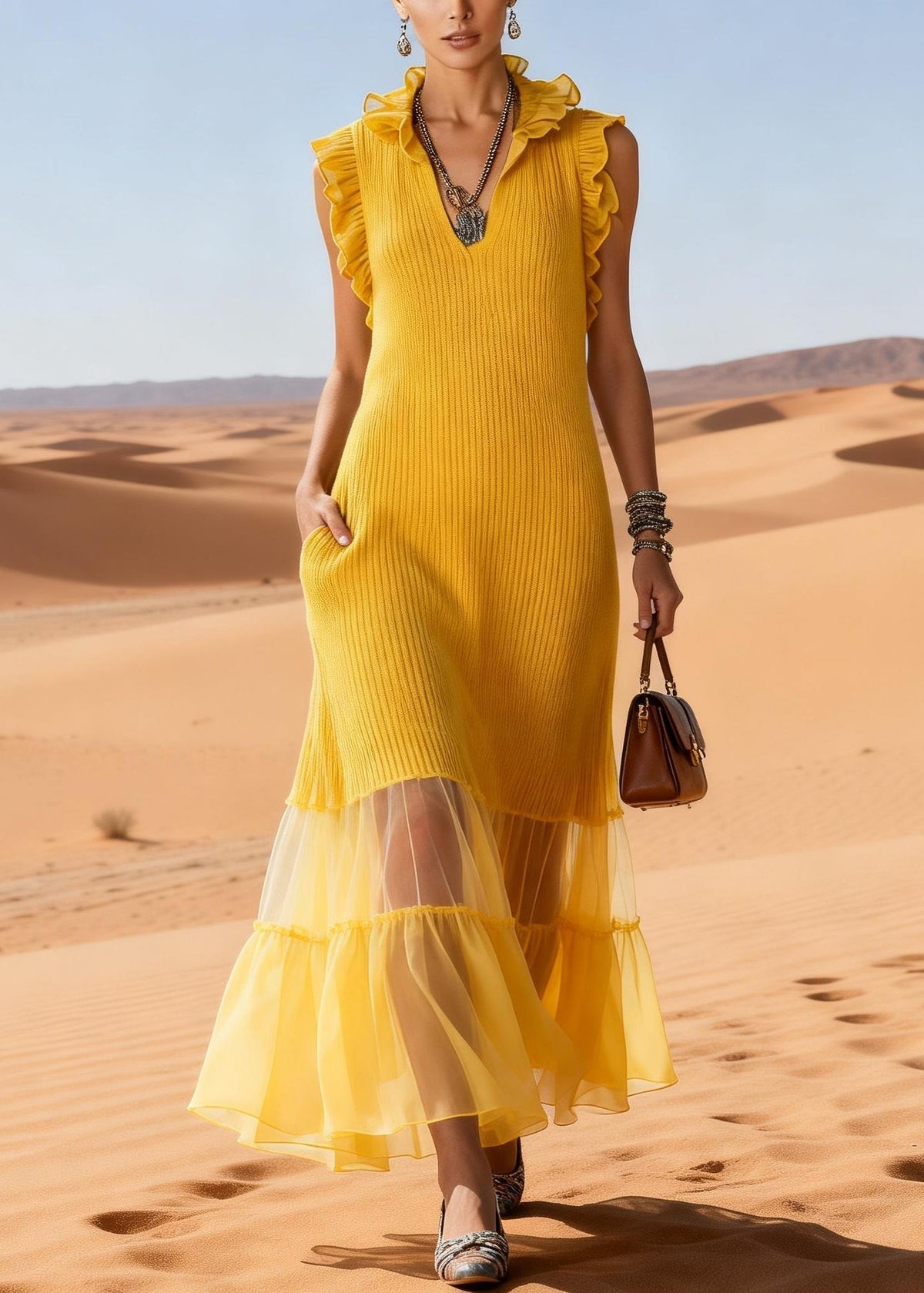 Yellow Ruffled Tulle Patchwork Knit Long Sweater Dress - View 3