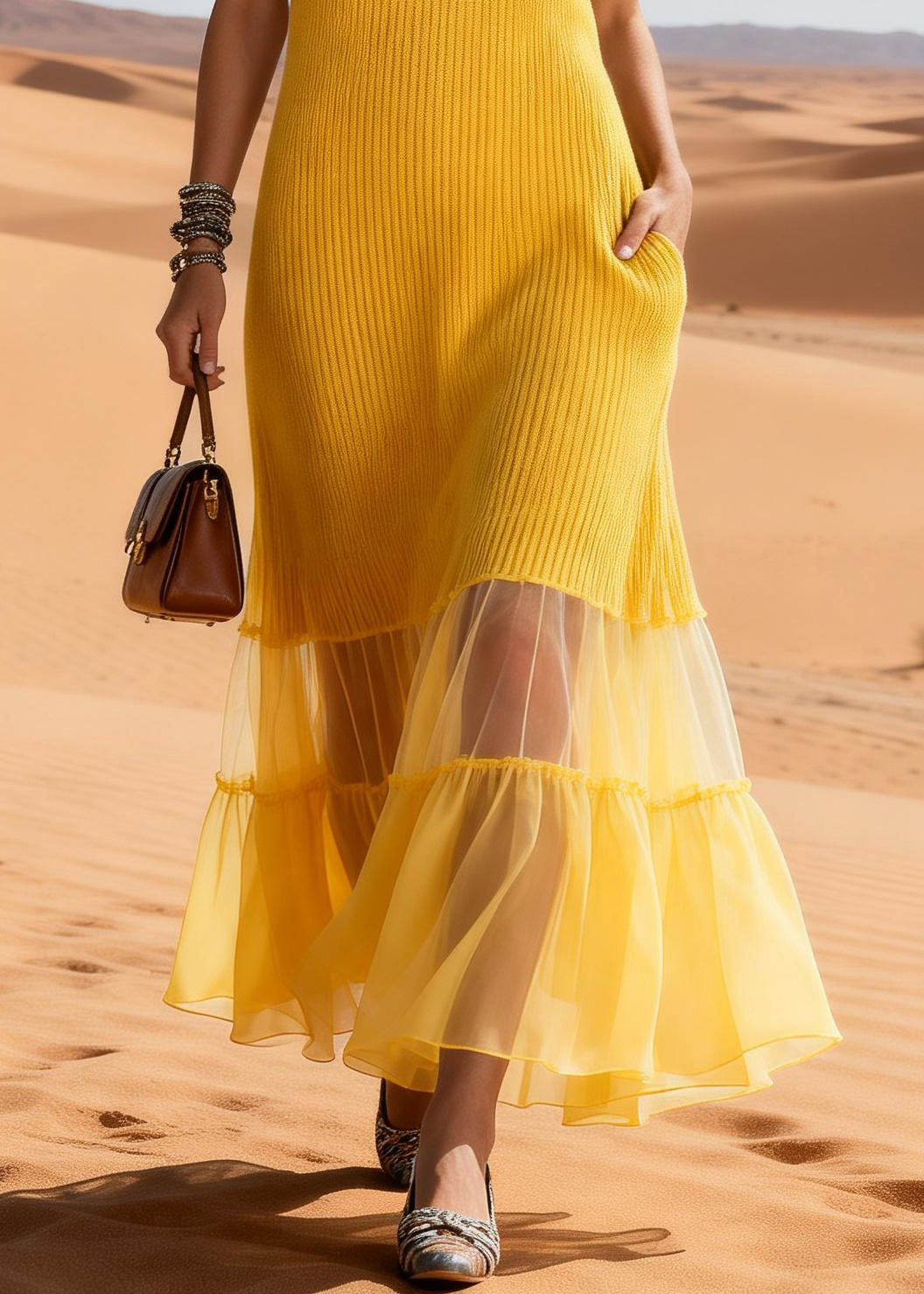 Yellow Ruffled Tulle Patchwork Knit Long Sweater Dress - View 4
