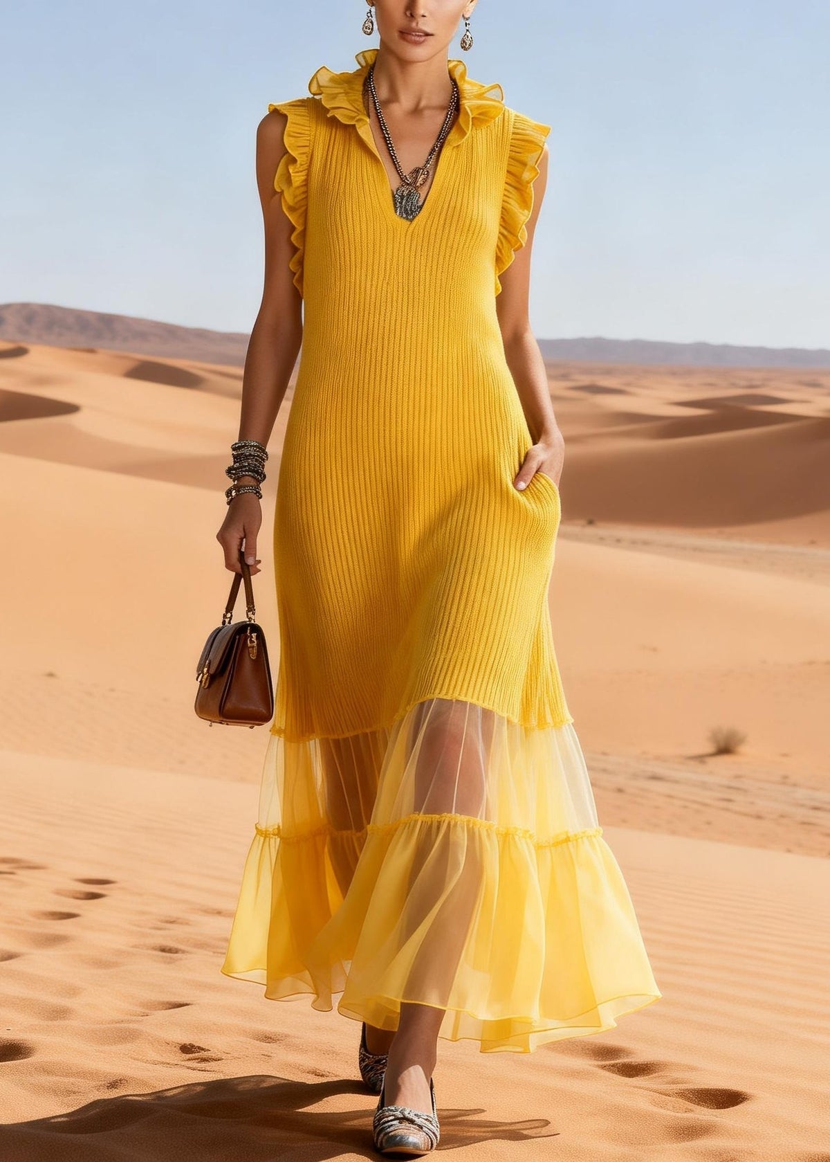 Yellow Ruffled Tulle Patchwork Knit Long Sweater Dress - View 5