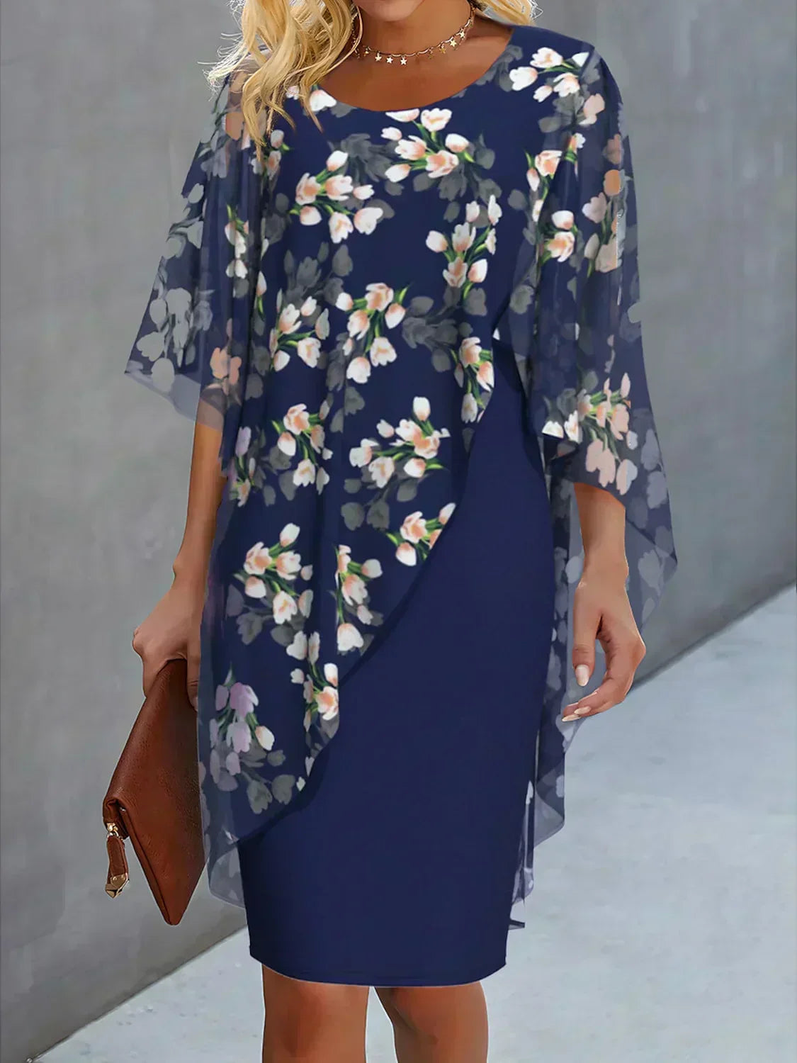 Floral Chiffon Cape Sleeve Overlay Sheath Knee Length Dress
