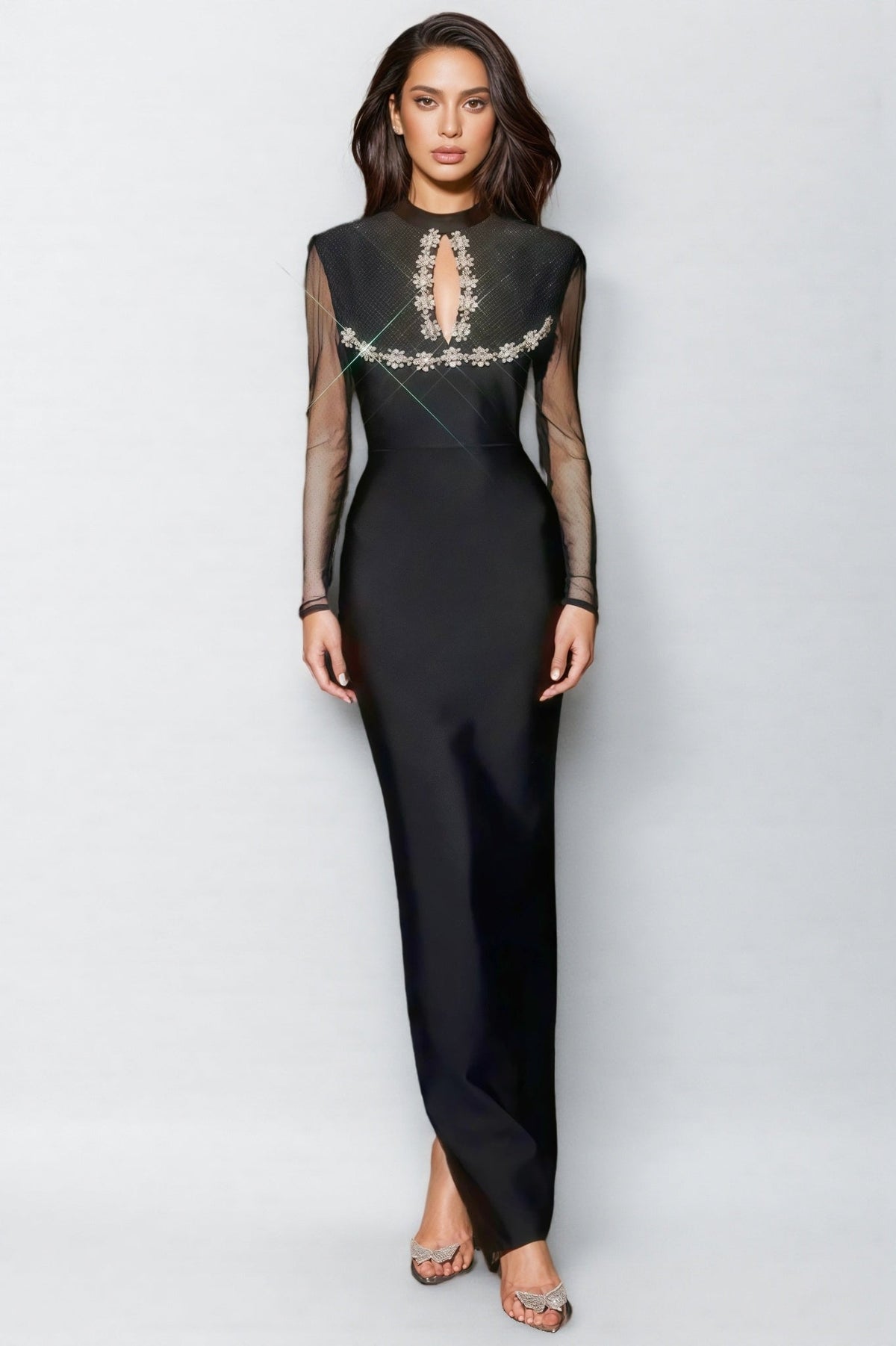Mesh Long Sleeve High Neck Keyhole Cut Out Floral Embroidery Maxi Gown - View 2