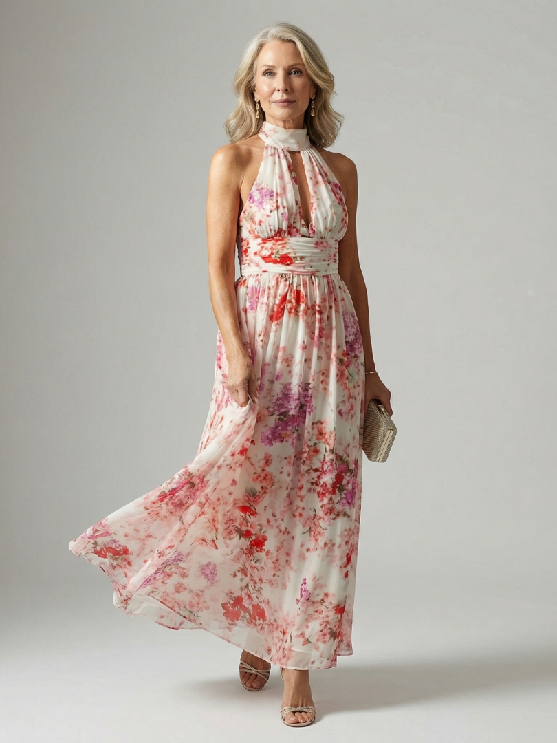 Floral Halter Neck Keyhole Sleeveless Ruched Maxi Dress