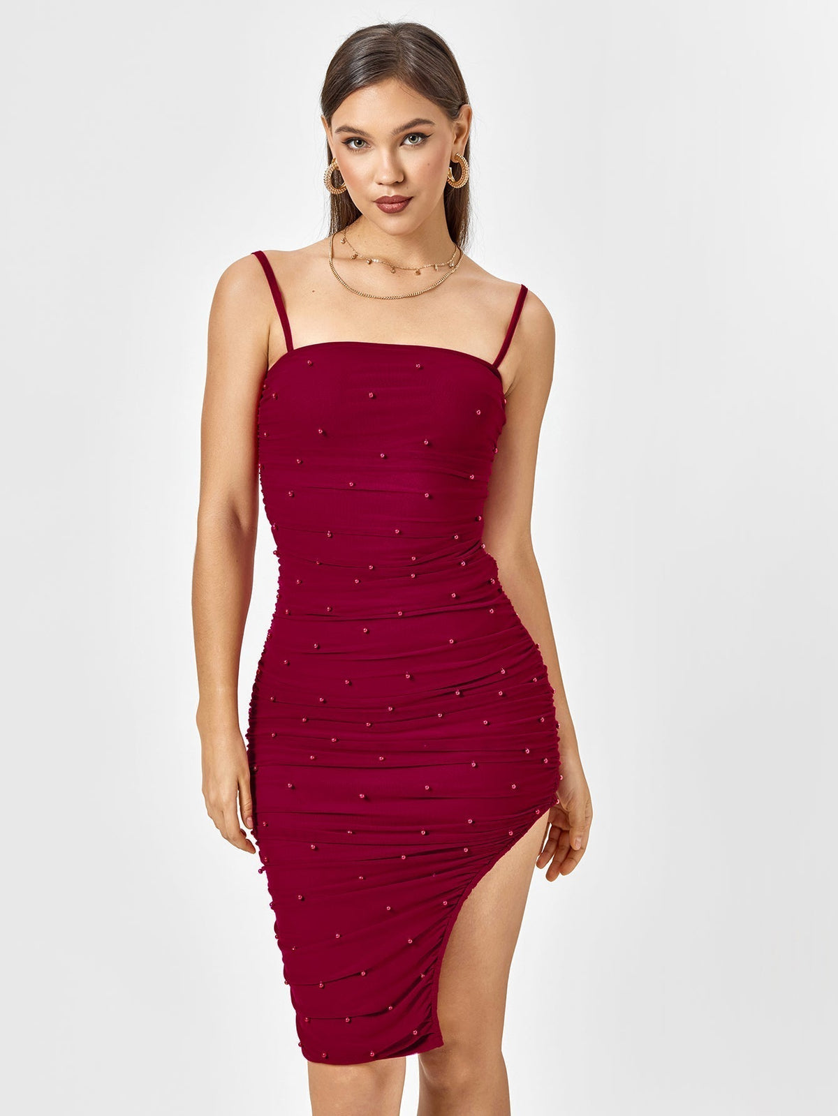 Embellished Bead Ruched Zipper Back Mesh Dress - View 6