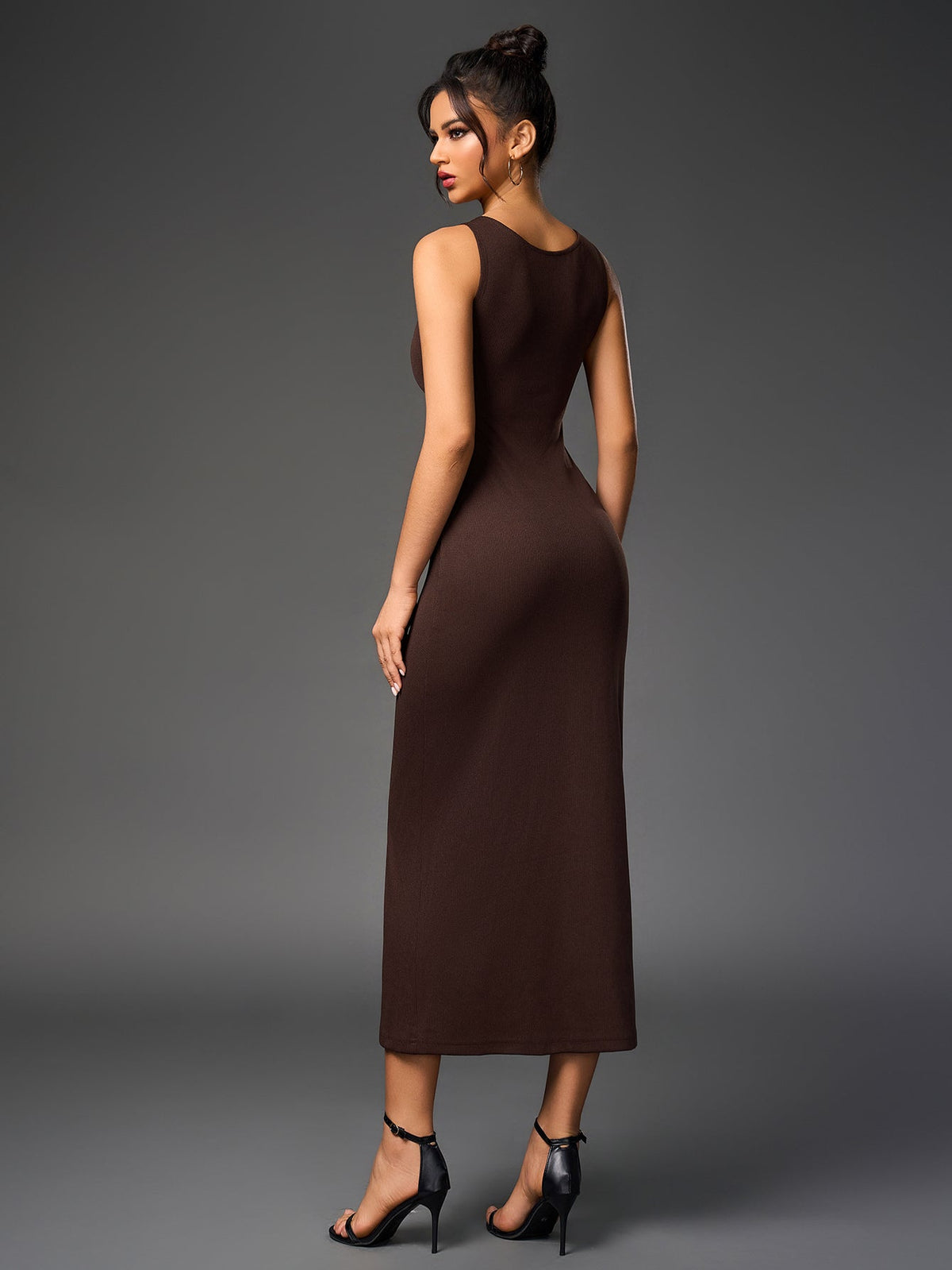 Ribbed Knit Sleeveless Button Front Split Bodycon Maxi Dress - View 6