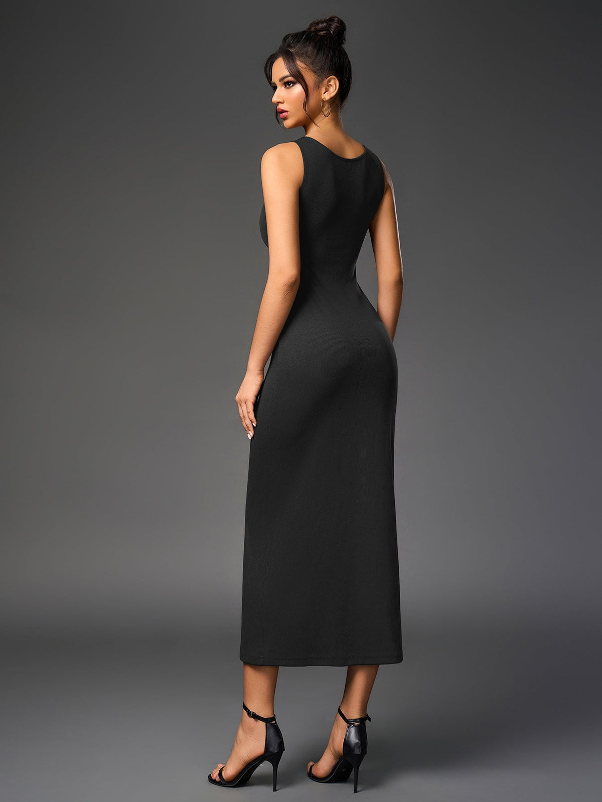 Ribbed Knit Sleeveless Button Front Split Bodycon Maxi Dress - View 17