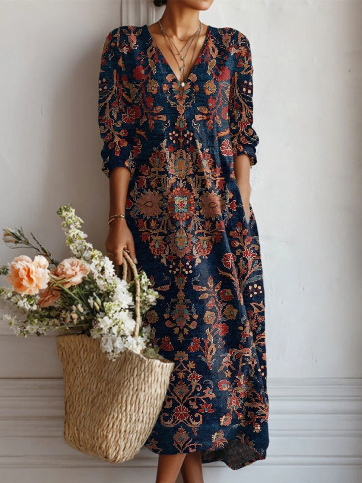 Watercolor Floral Print V-Neck Long Sleeve Pocket Maxi Dress 4