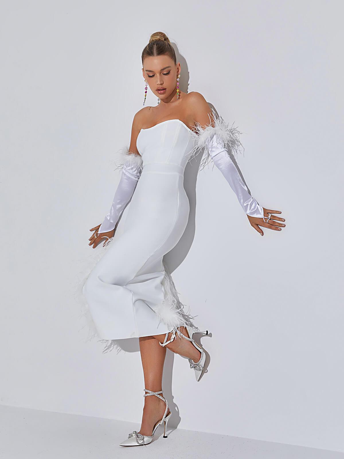 Esperanza Strapless Feather Bandage Dress In White - View 3