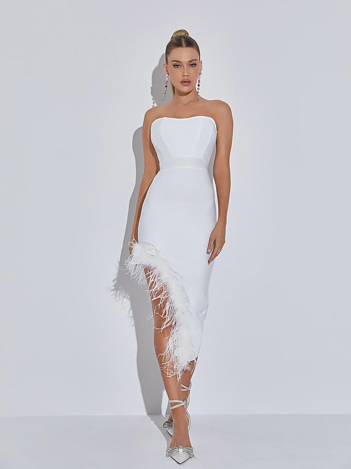 Esperanza Strapless Feather Bandage Dress In White - View 4