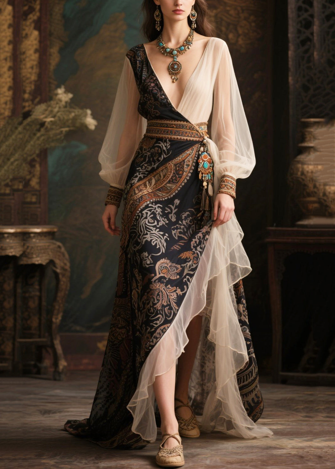 Paisley Print Wrap V-Neck Bishop Sleeve Embroidered Maxi Gown