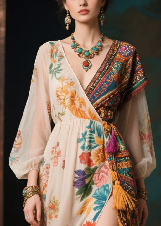Mixed Print Floral Wrap Tassel Trim Bishop Sleeve Maxi Dress - View 2
