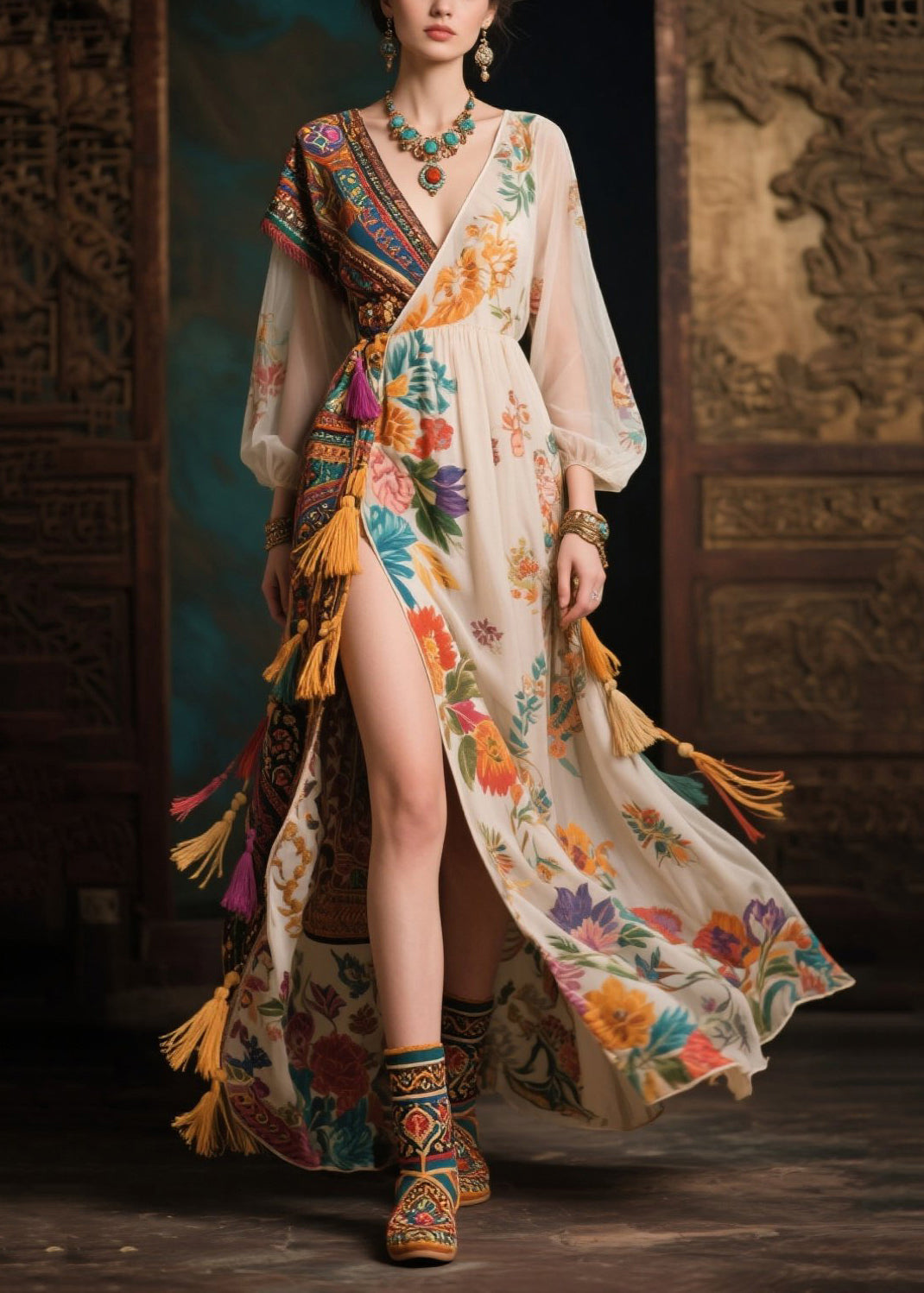 Mixed Print Floral Wrap Tassel Trim Bishop Sleeve Maxi Dress - View 3