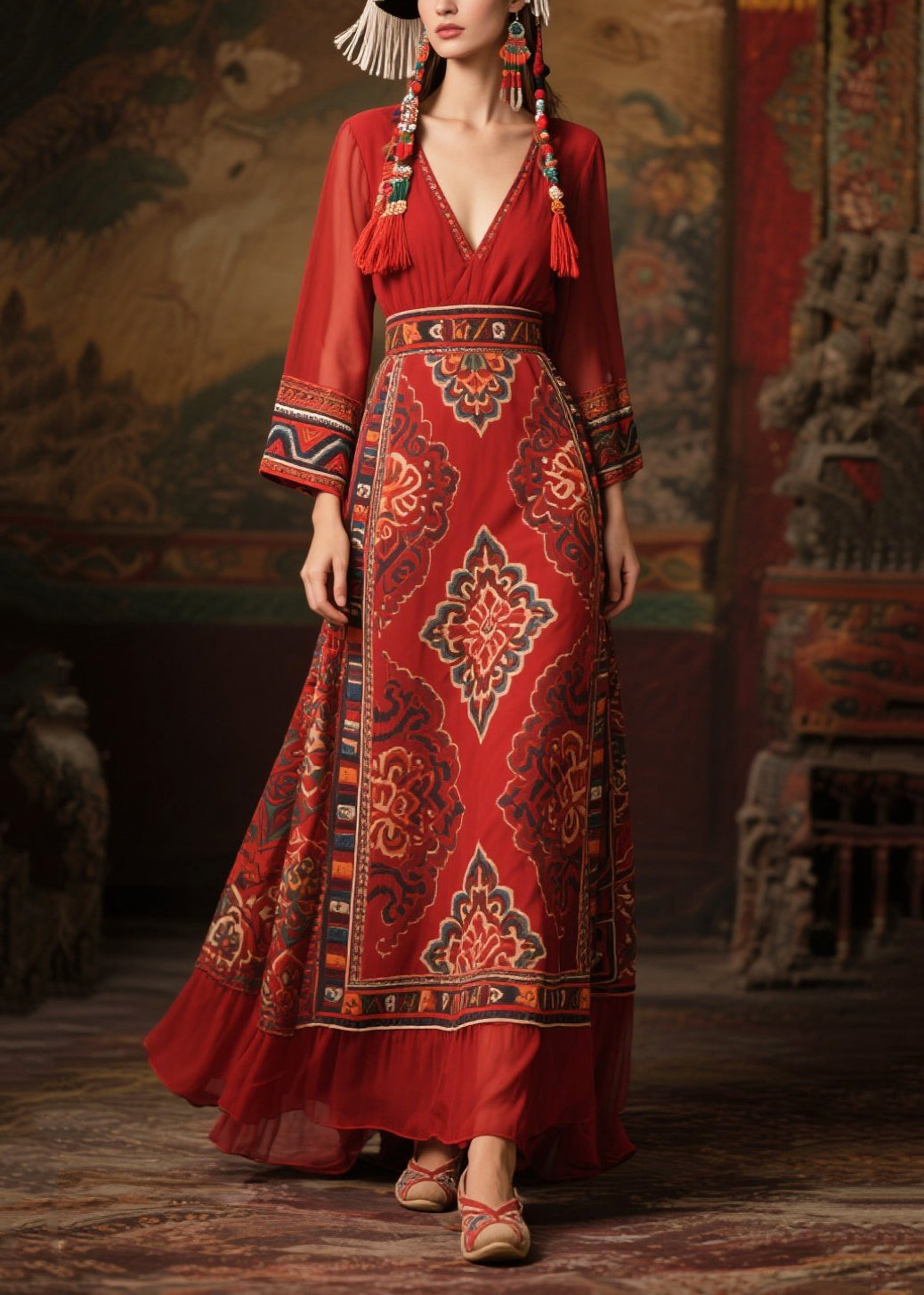 Chiffon Deep V-Neck Long Sleeve Medallion Print Belted Maxi Dress