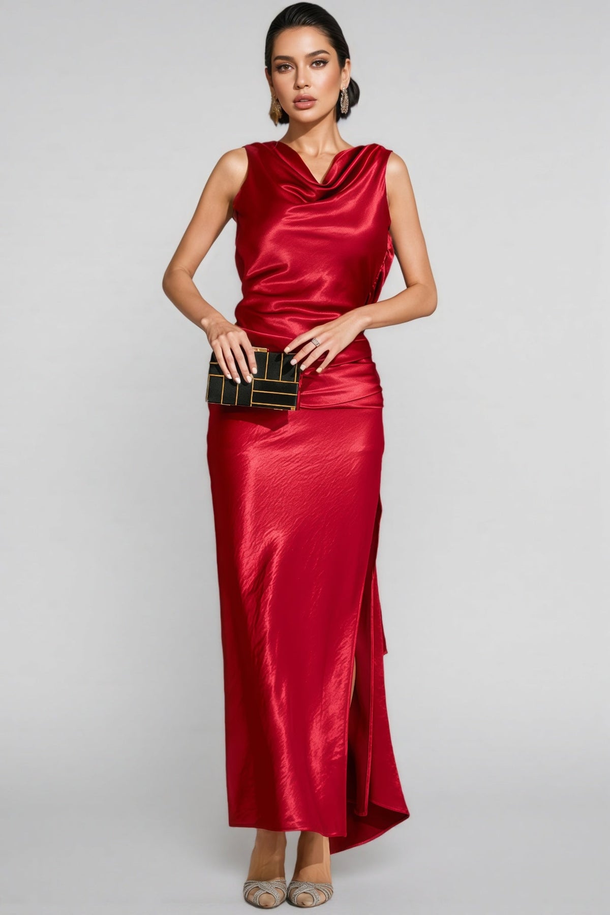 Conjunto Wine Red Satin Backless Maxi Dress - View 2