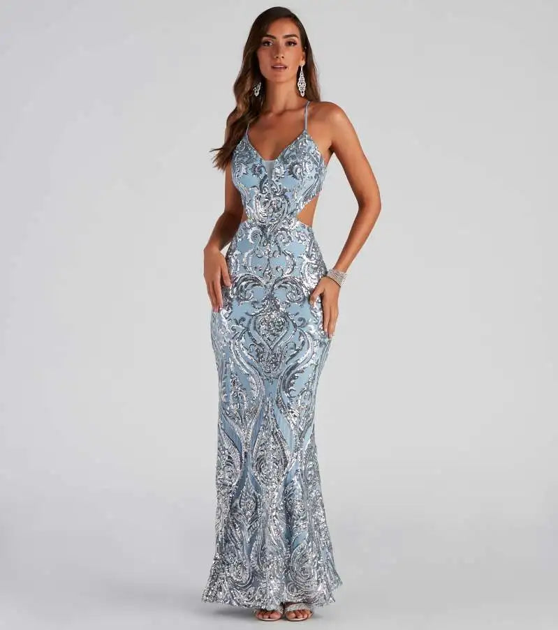 V-Neck Sequined Party Dress Light Blue / S Partydress-241208