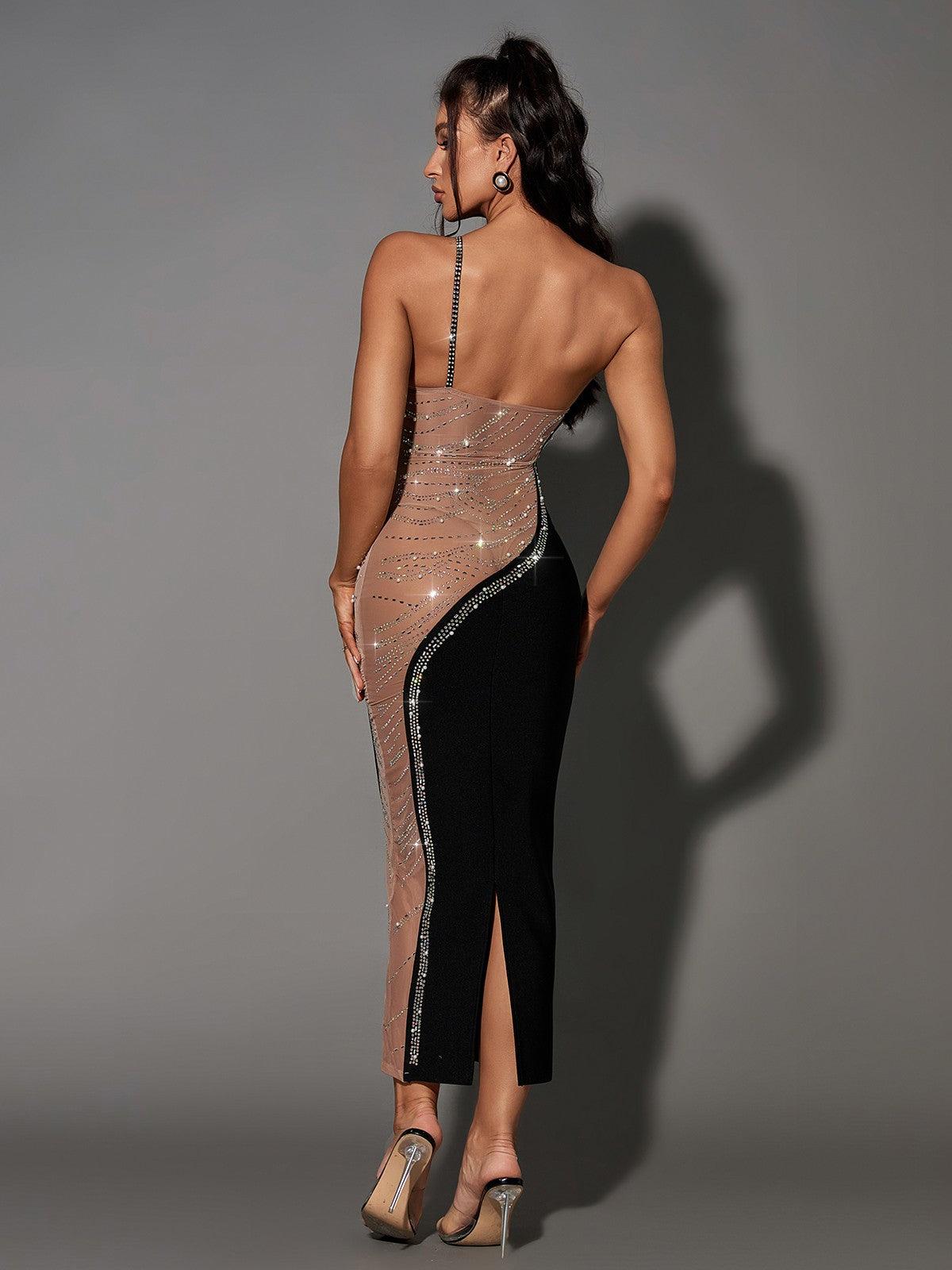 One Shoulder Rhinestone Trim Mesh Cut Out Bandage Bodycon Midi Dress - View 5