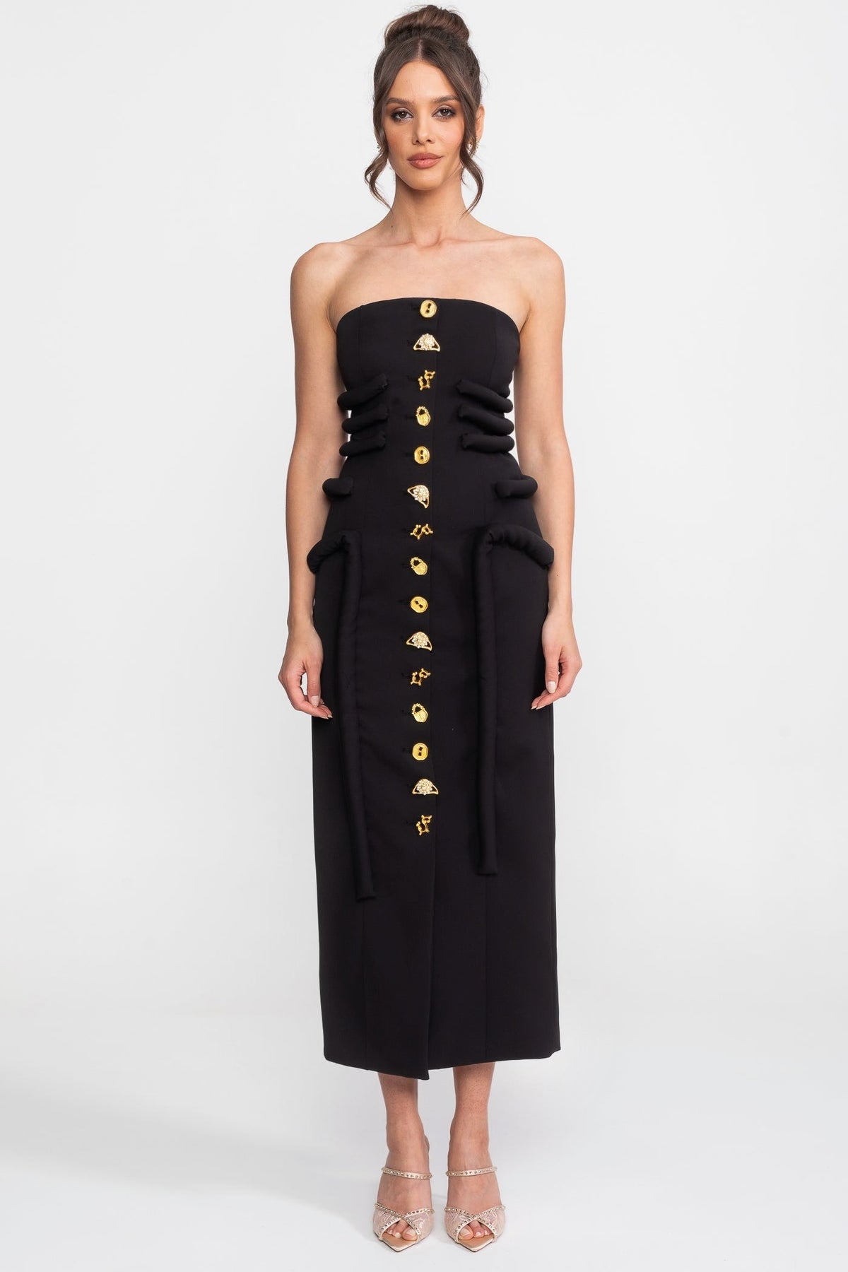 Strapless Jewel Button Padded Panel Column Midi Dress - View 2