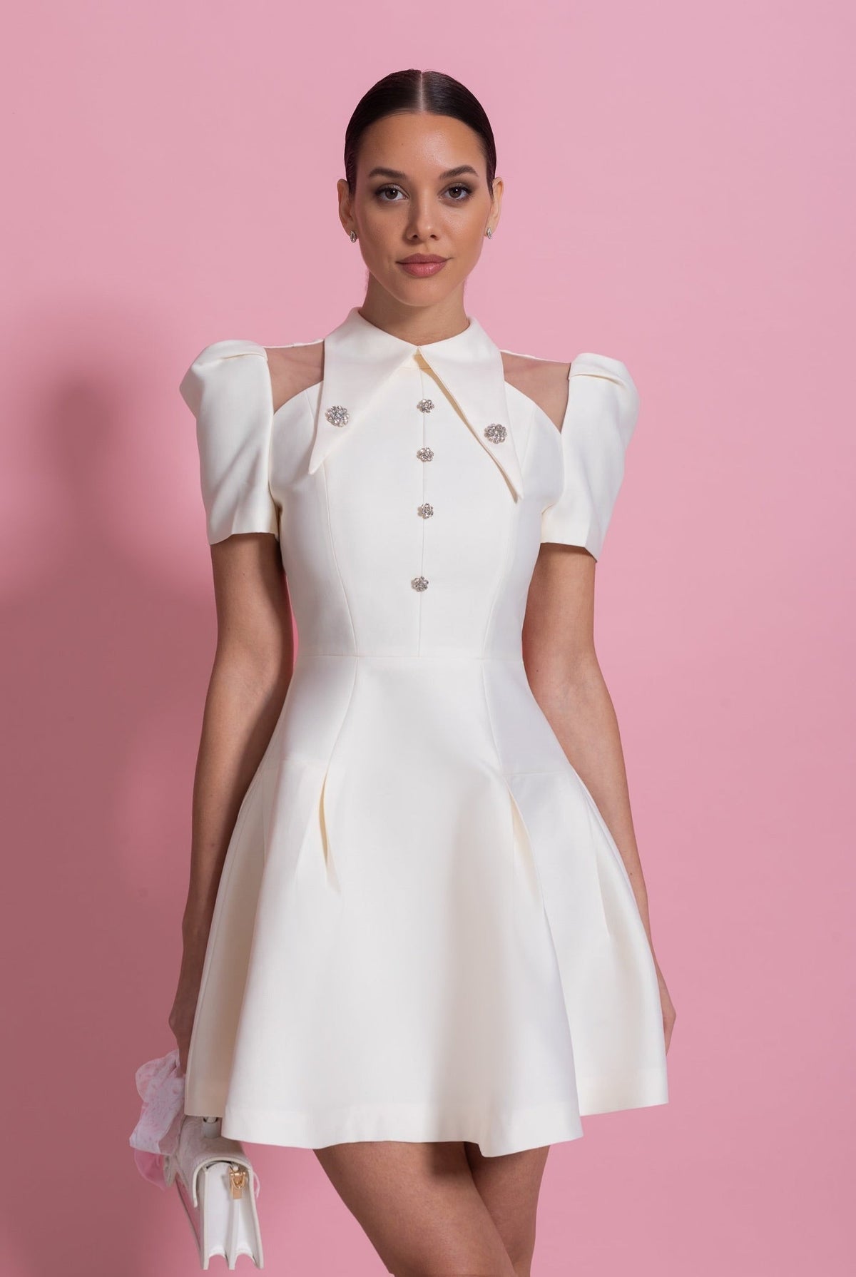 Puff Sleeve Mini Dress - Ivoire - View 5