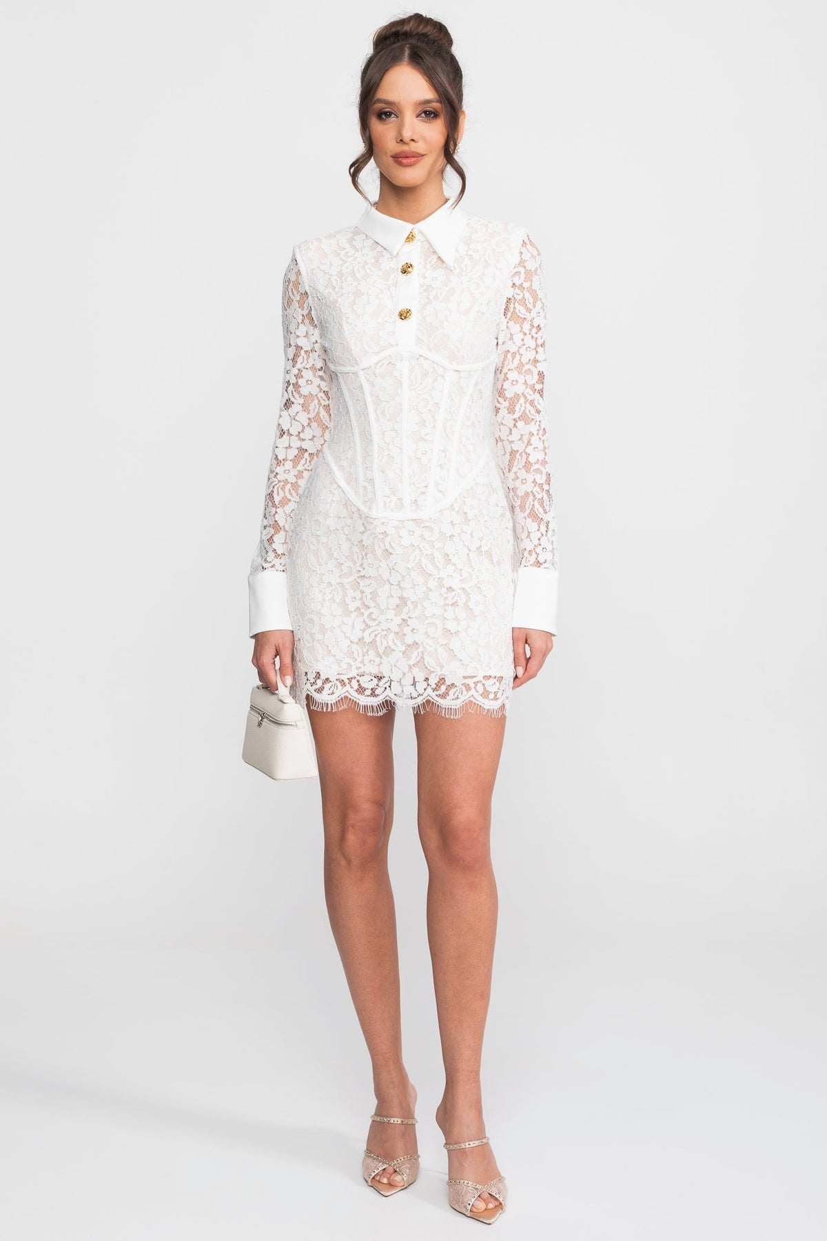 Long Sleeved Lace Mini Dress With Scallop Hem - White - View 2