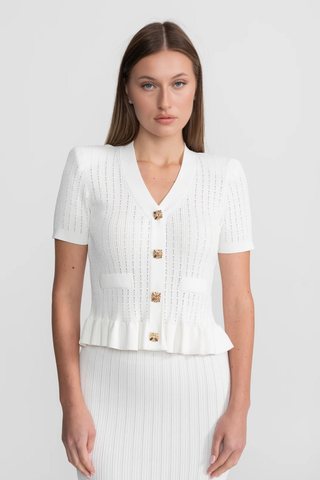 Knit Midi Co-Ord with Peplum Waist and Gold Buttons  – White - View 2