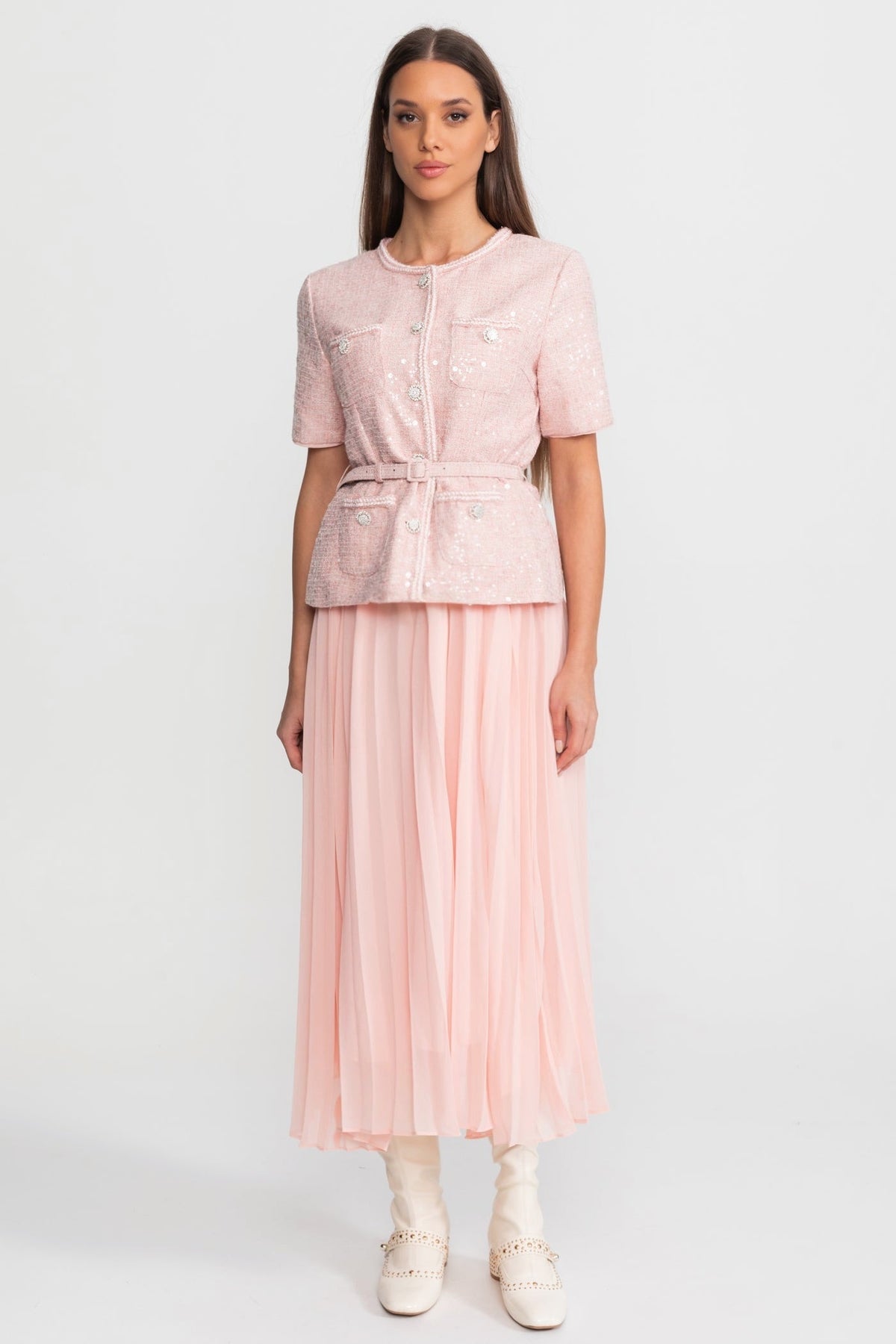 Embellished Tweed Midi Dress with Pleated Chiffon Skirt – Blush Pink