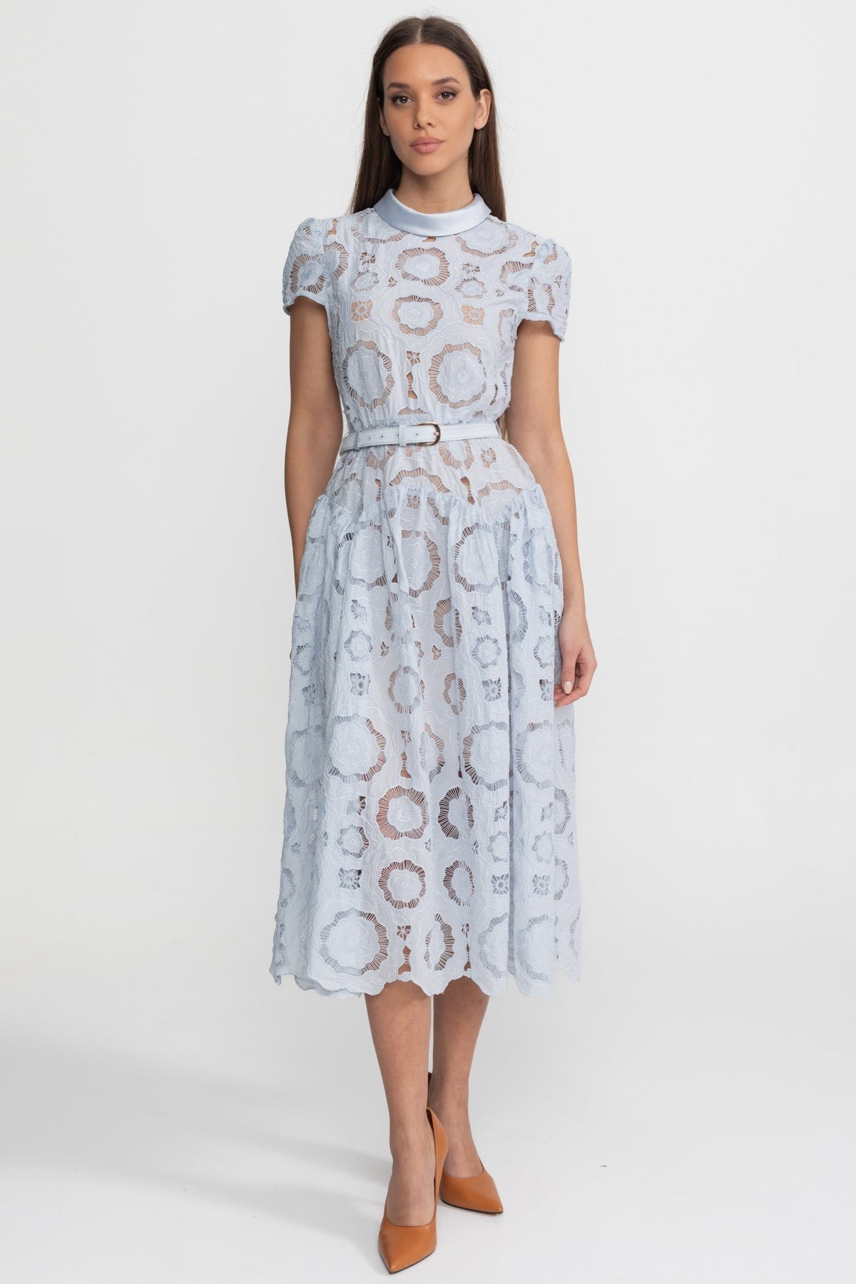 Floral Lace Midi Dress with Belted Waist – Light Blue - View 2