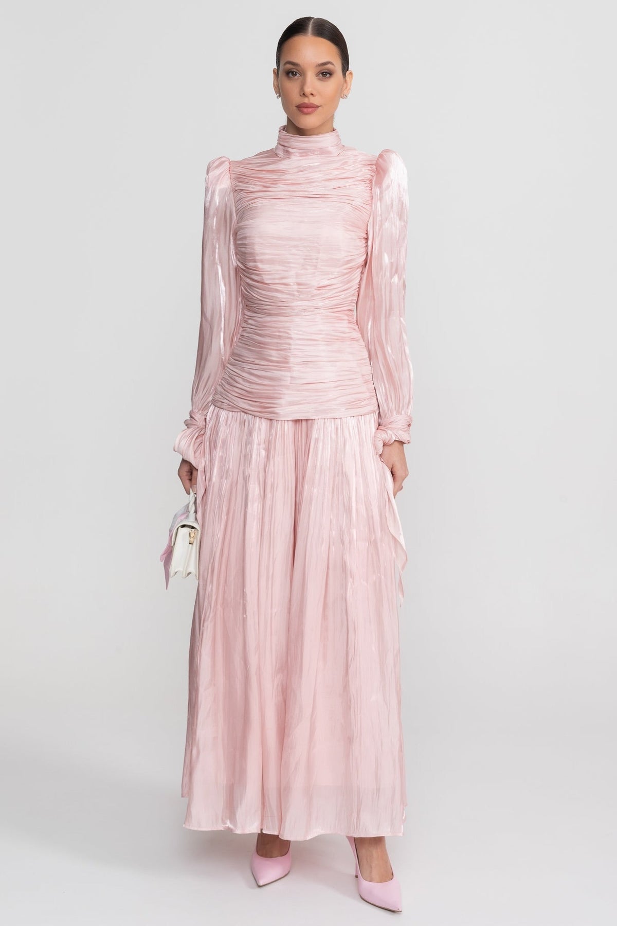 Ruched Long Sleeve Maxi Dress With Pleated Skirt - Blush Pink - View 4