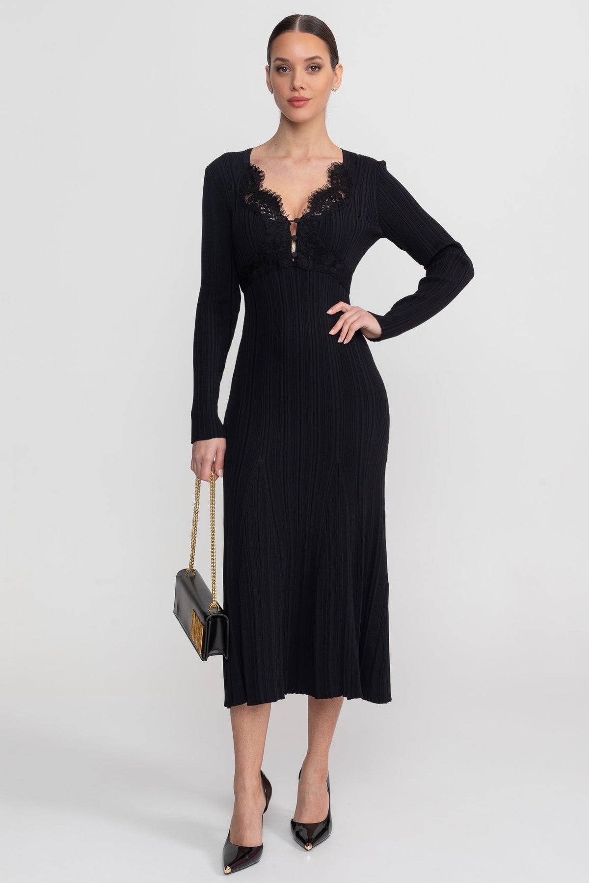 Ribbed Long Sleeve Midi Dress With Lace-Trim V-Neckline - Black - View 3