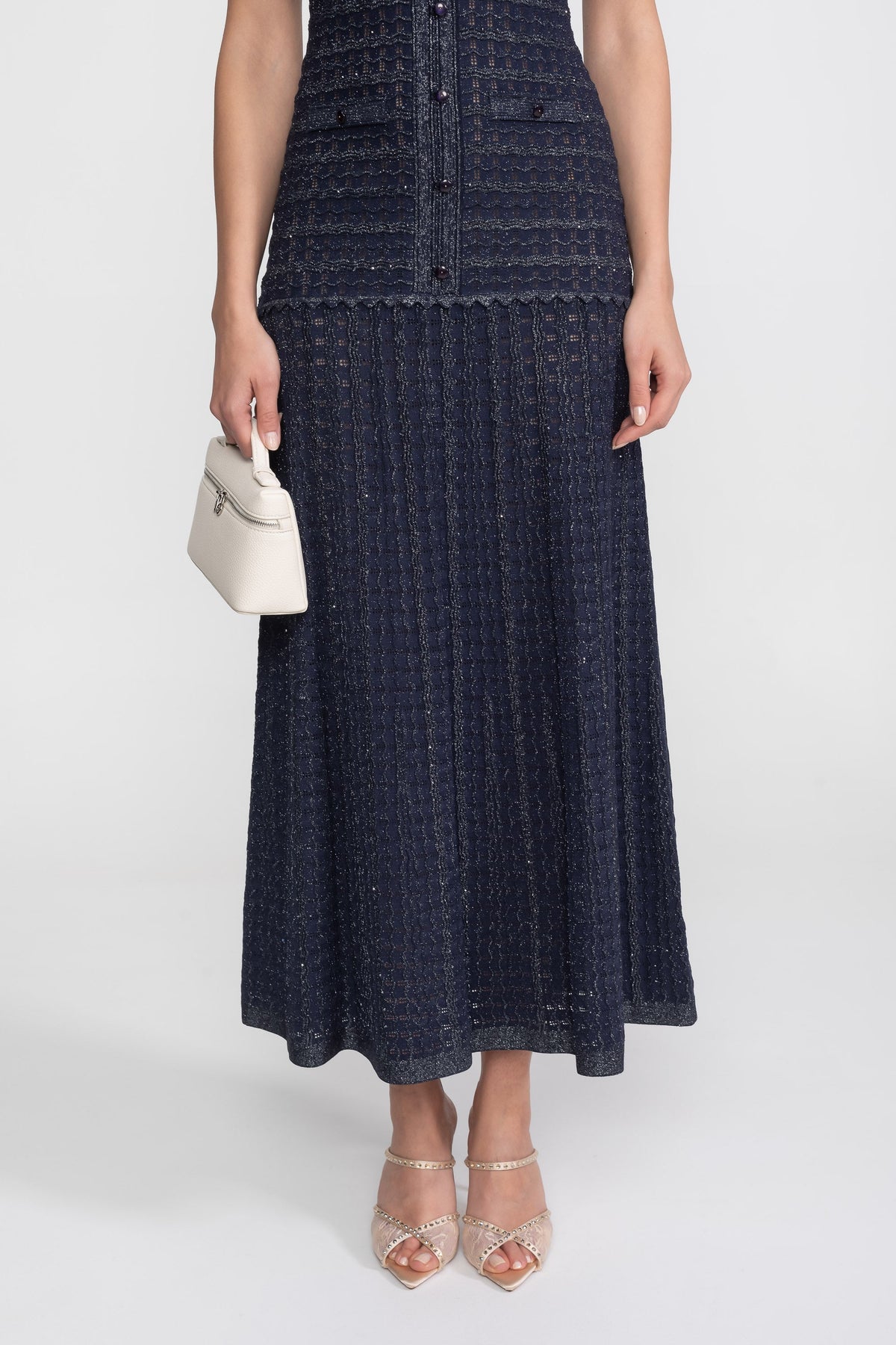 Short Sleeve Midi Dress With Shimmer Knit Texture - Navy - View 8