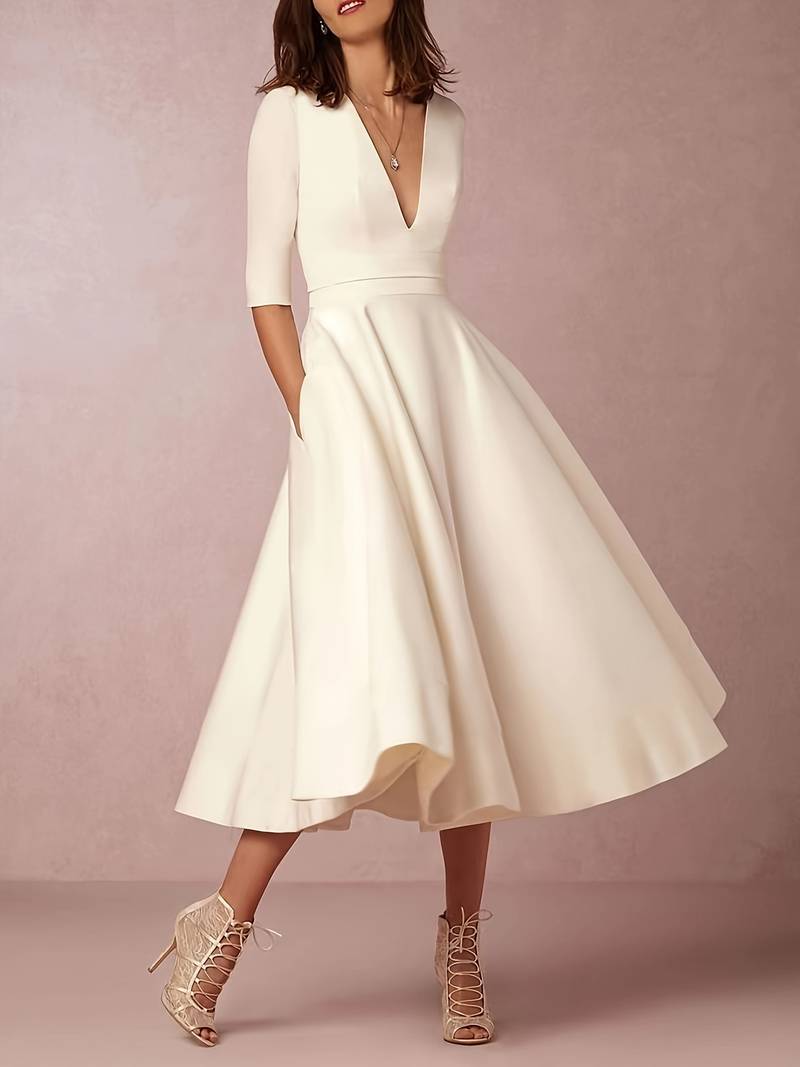 Deep V-Neck Satin Fit and Flare Midi Dress