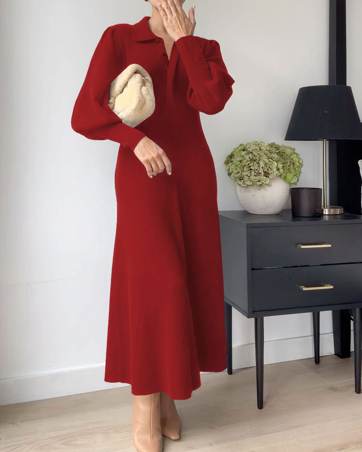 Knit Polo Collar Puff Sleeve A-Line Midi Sweater Dress - View 3
