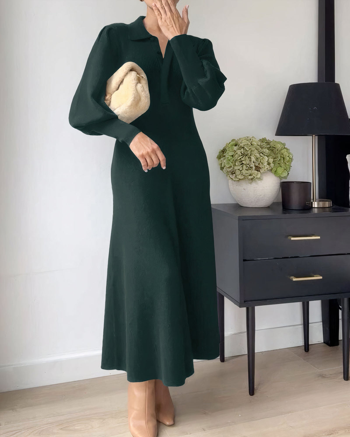 Knit Polo Collar Puff Sleeve A-Line Midi Sweater Dress - View 4