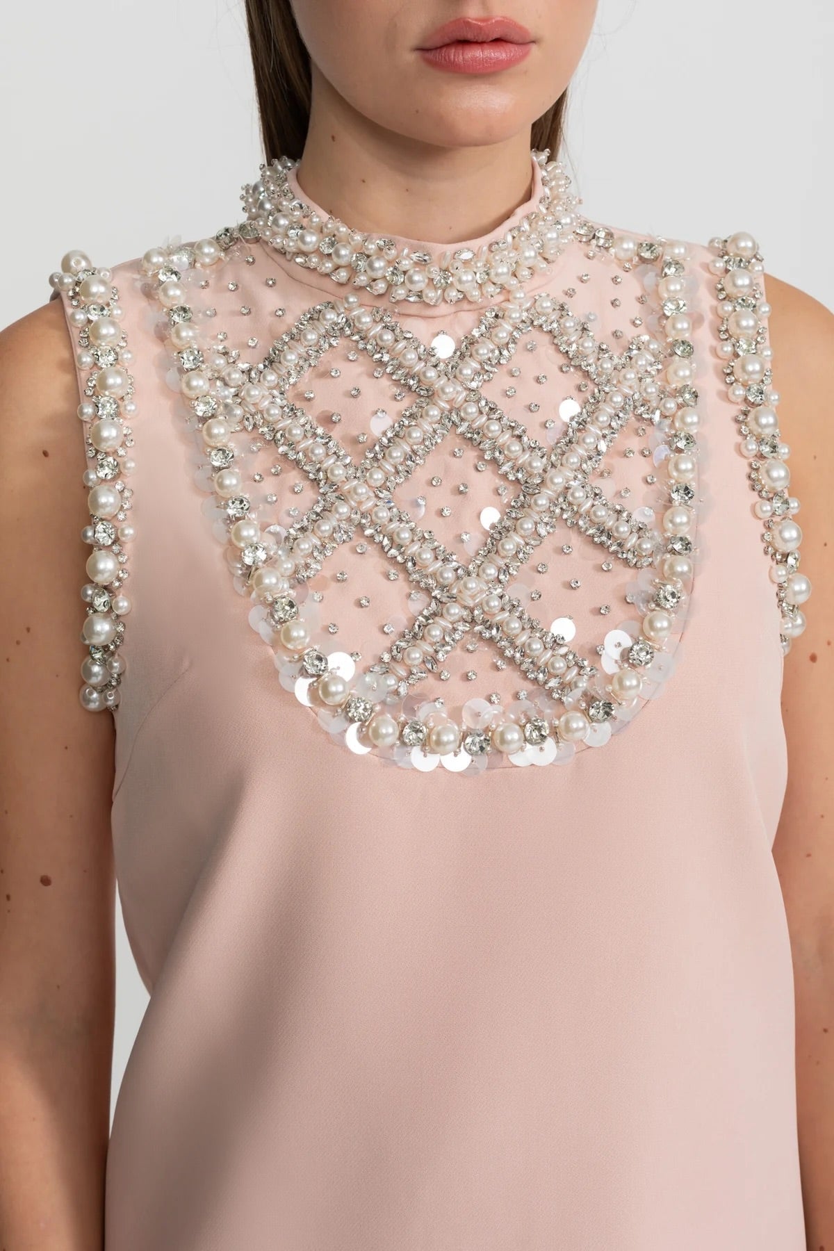 Pearl Embellished Sleeveless Shift Mini Dress High Neck Pearl Bib - View 3