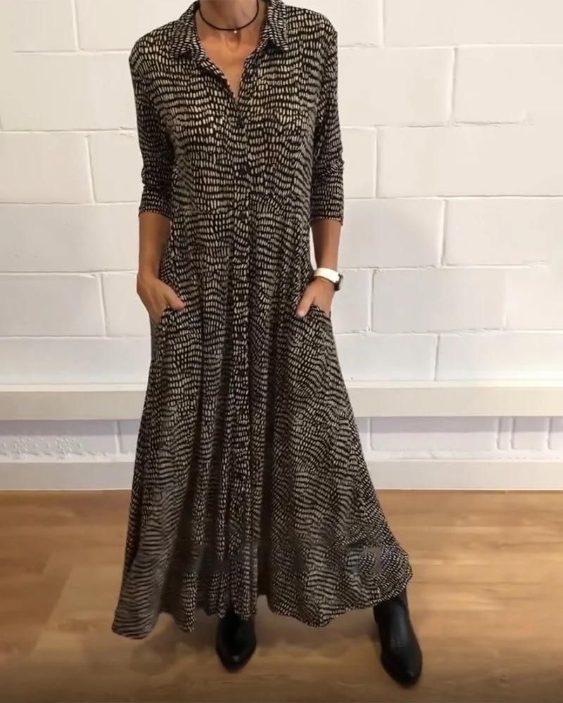 Long Sleeve Collared Button Down Pocket A-Line Maxi Shirt Dress