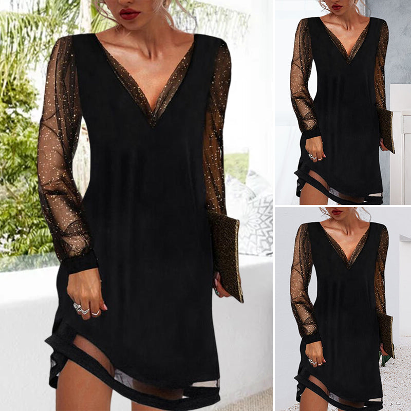 Mesh Glitter Deep V-Neck Long Sleeve Sheer Shift Mini Party Dress - View 2