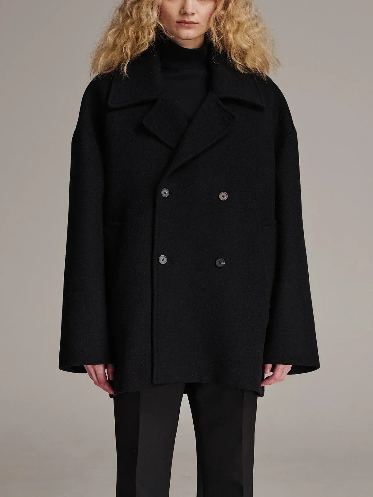 Black Lapel Slim Single-Breasted Overcoat Black / XS