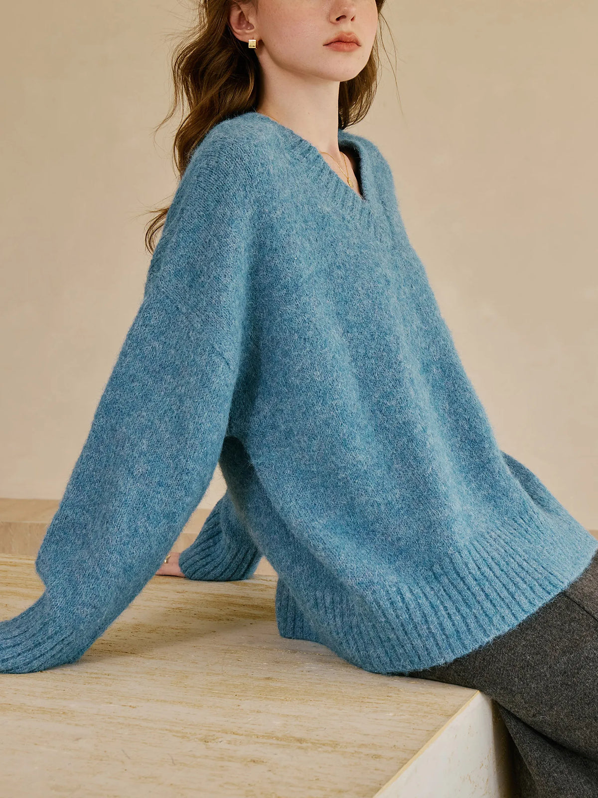 V-Neck Pullover Wool Warm Sweater Blue / XS