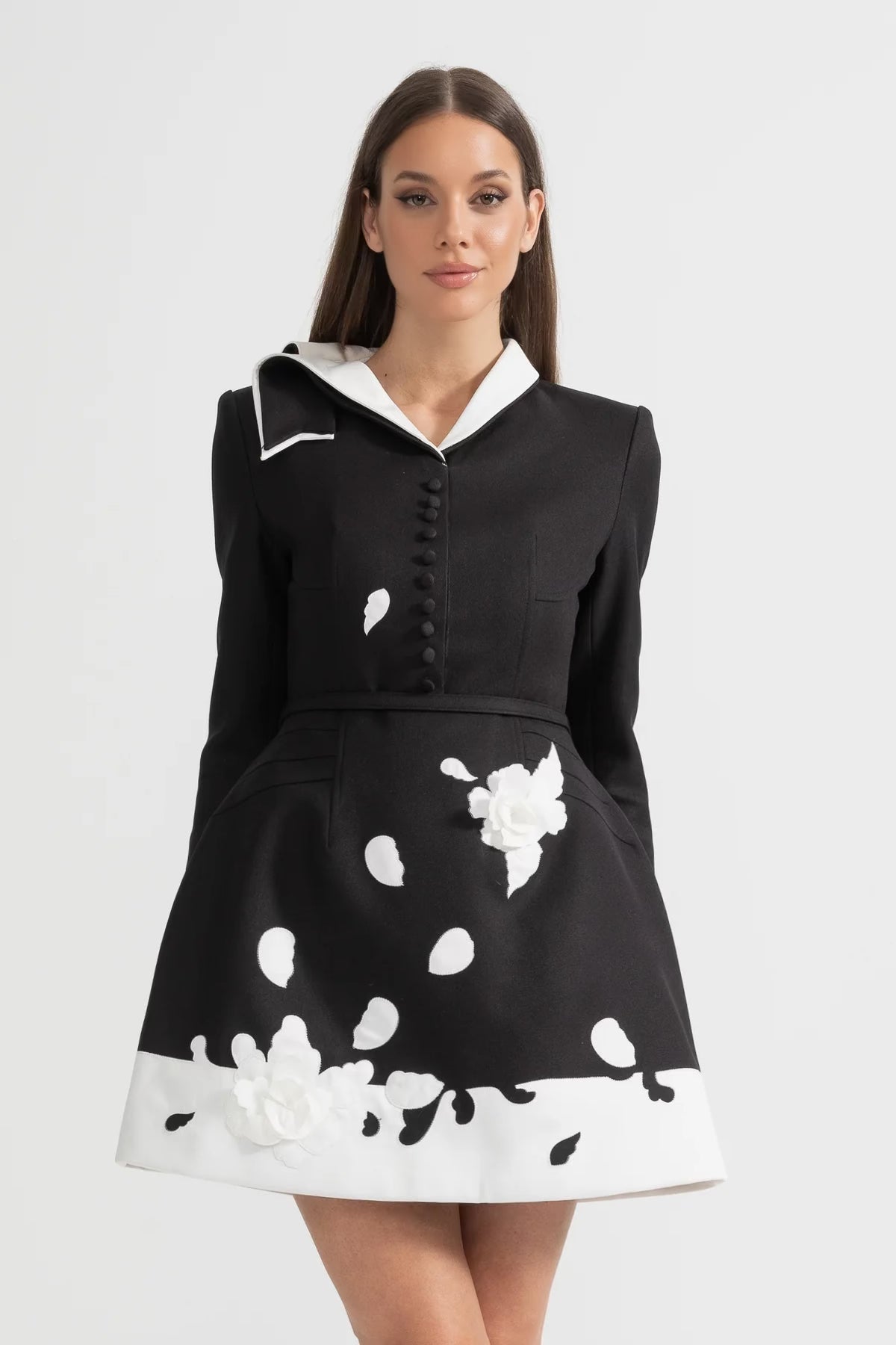 Fabric Rose Applique Pointed Collar Blazer Mini Dress