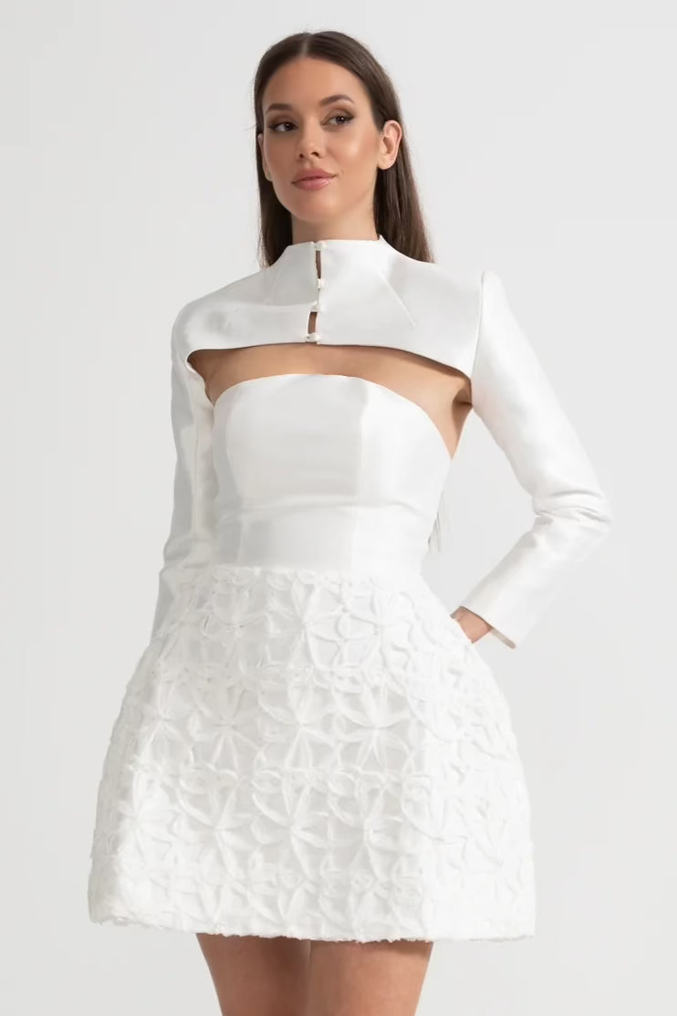 Cut Out Mock Neck Long Sleeve Textured Floral A Line Mini Dress