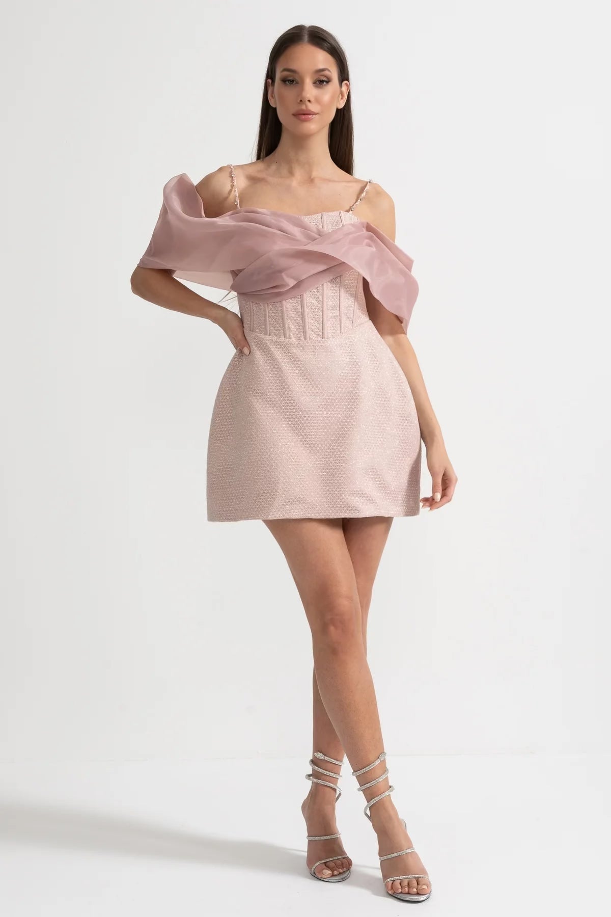 Jacquard Corset Bodice Spaghetti Strap Organza Drape Mini Dress
