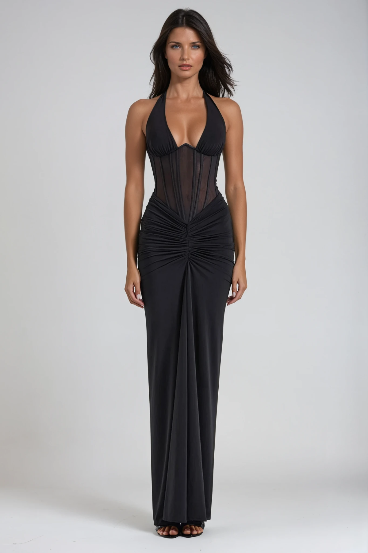 Halter Neck Corset Ruched Draped Maxi Gown - View 2