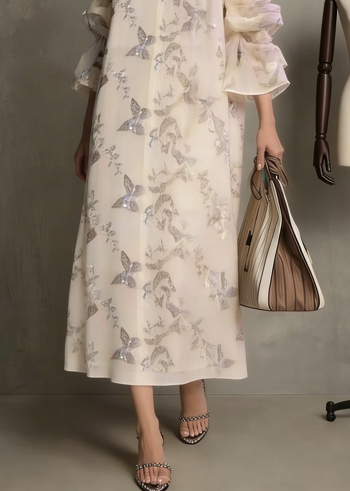 Butterfly Print Sequin Deep V-Neck Tiered Cuff Oversized Maxi Dress - View 4
