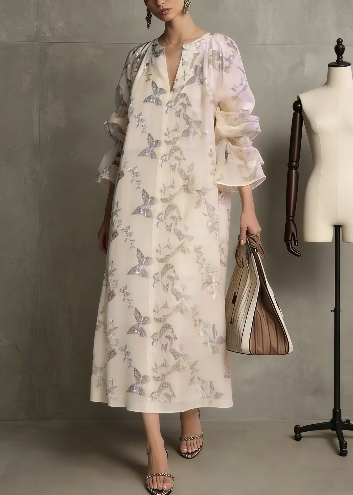 Butterfly Print Sequin Deep V-Neck Tiered Cuff Oversized Maxi Dress - View 5